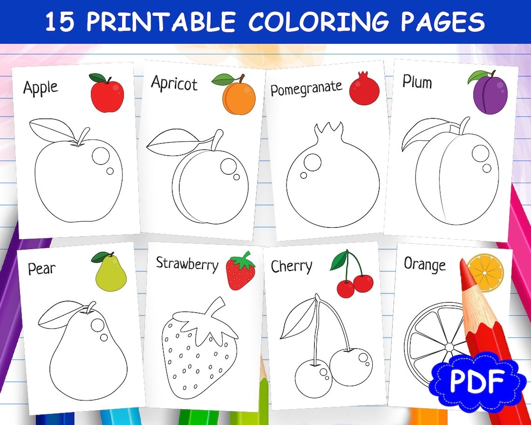 15 Fruits Coloring Pages Fruit Coloring Pages Fruit Coloring Book For Kids Printable Coloring Pages Coloring Worksheet Instant Download Etsy Norway