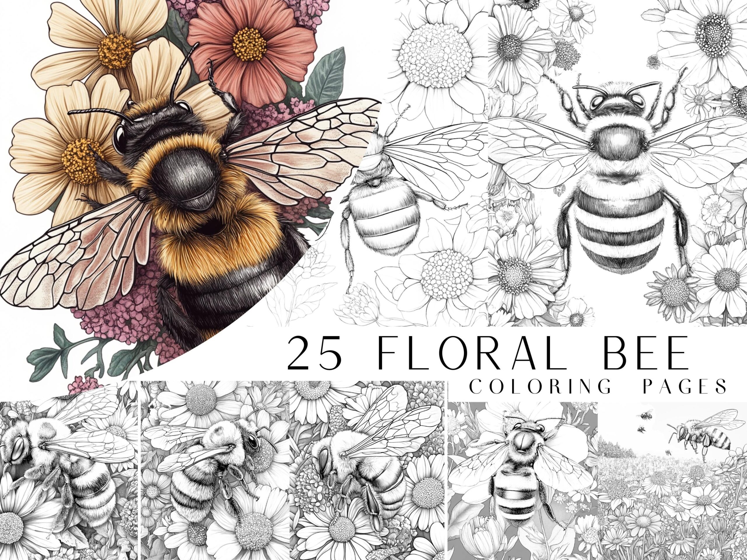 25 Floral Bee Coloring Pages Adults Coloring Book Greyscale Digital Coloring Sheets Instant Download Printable PDF File Etsy