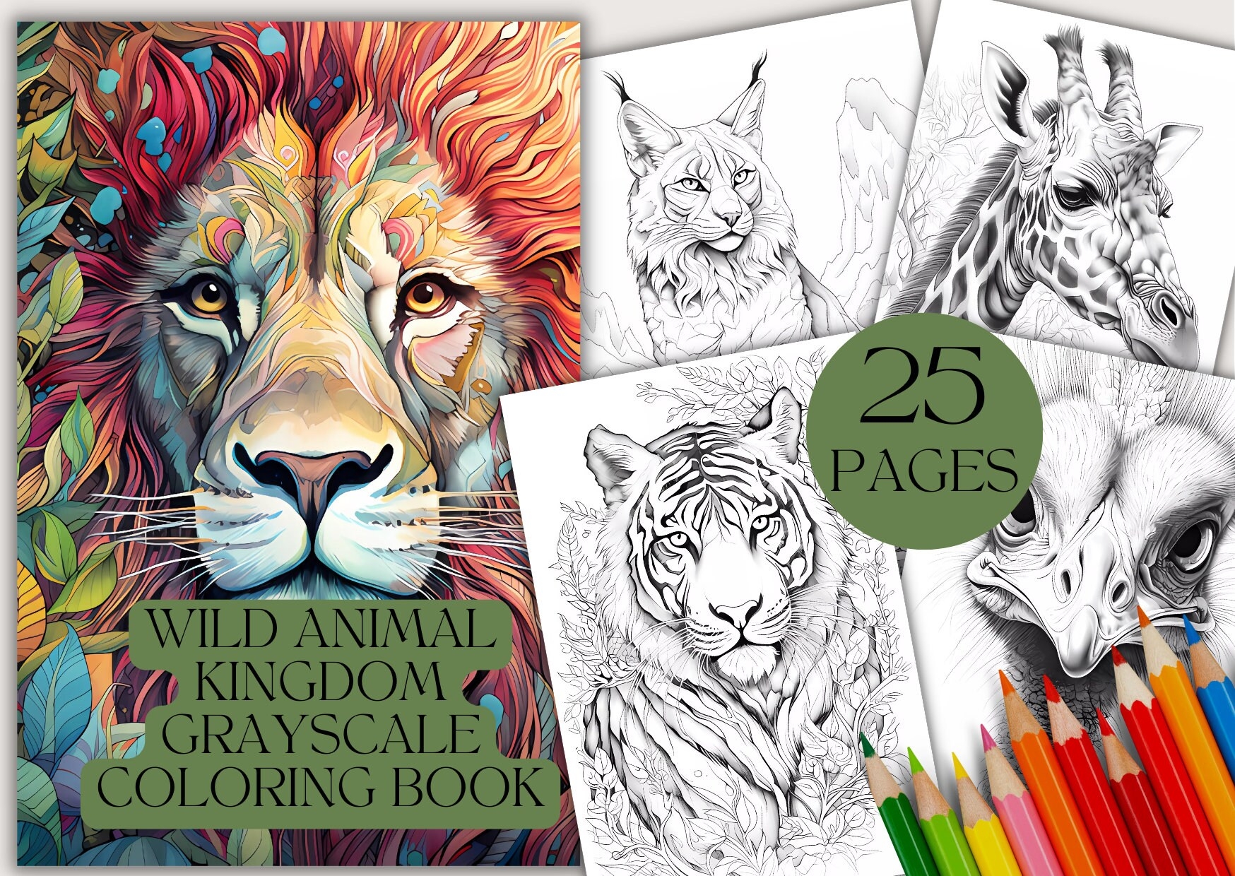25 Wild Animal Kingdom Coloring Book Grayscale Colouring Pages For Adults Kids Digital Stamp Instant Download Printable PDF File Etsy