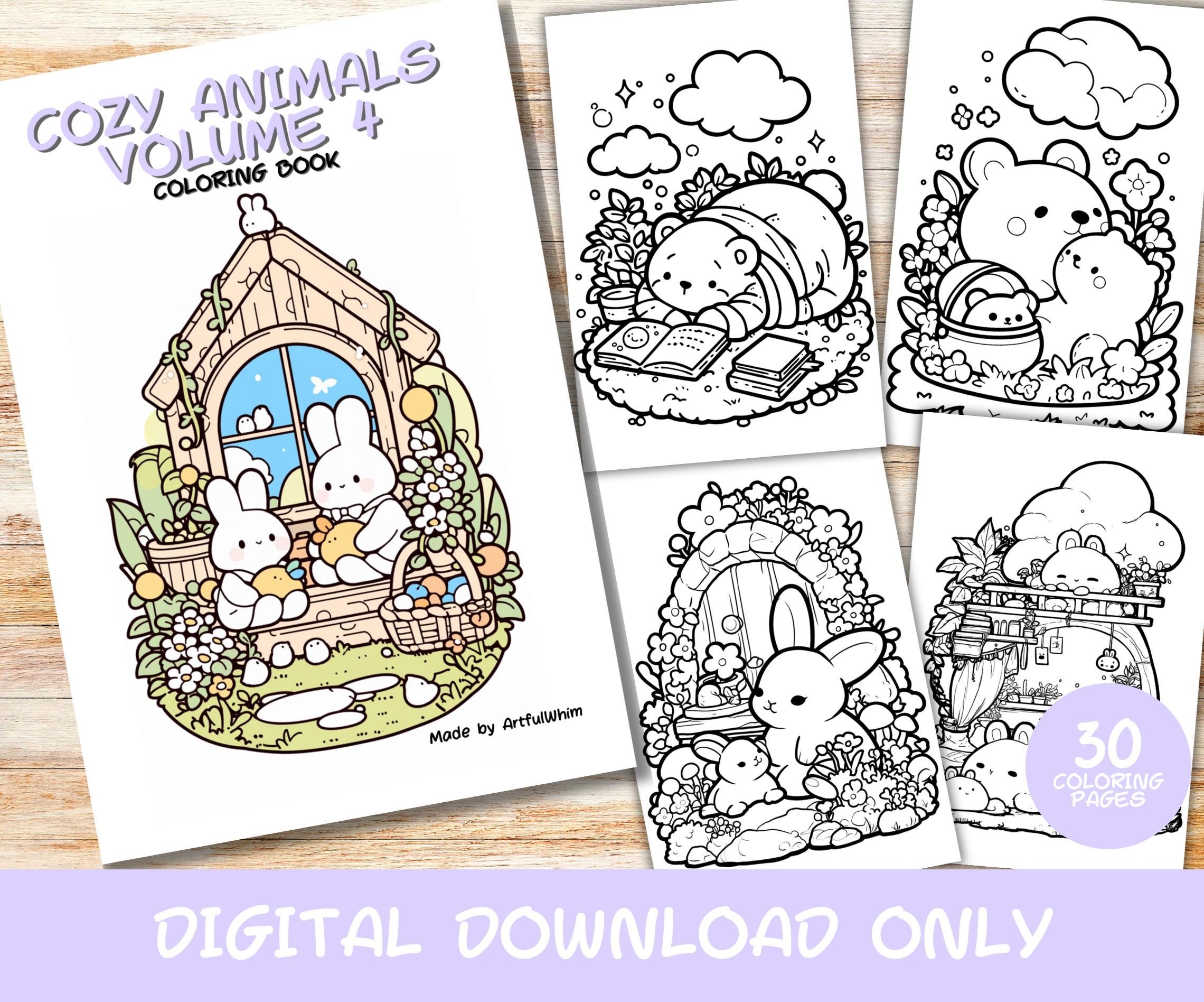 30 Cozy Animals Volume 4 Coloring Pages Book Kids Adults Instant Download Grayscale Coloring Page Printable PDF Cute Kawaii Digital Etsy