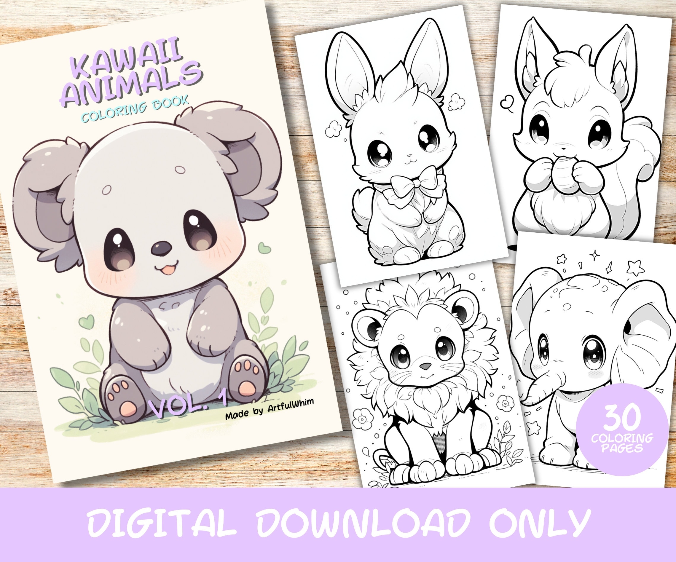 30 Kawaii Animals Volume 1 Coloring Pages Book Kids Adults Instant Download Grayscale Coloring Page Printable PDF Cute Kawaii Digital Etsy Finland