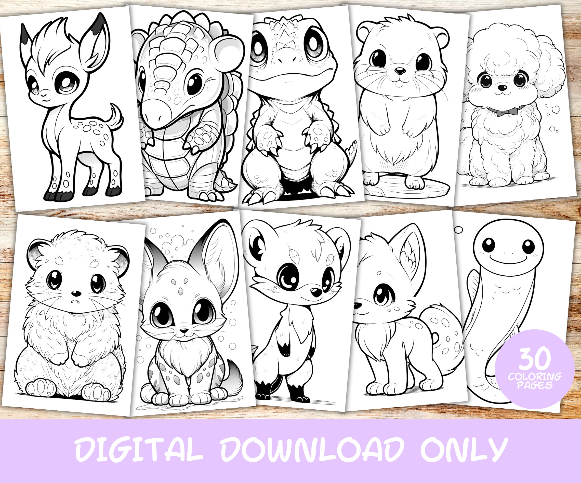 30 Kawaii Animals Volume 4 Coloring Pages Book Kids Instant Download Grayscale Coloring Page Printable PDF Cute Kawaii Digital Etsy