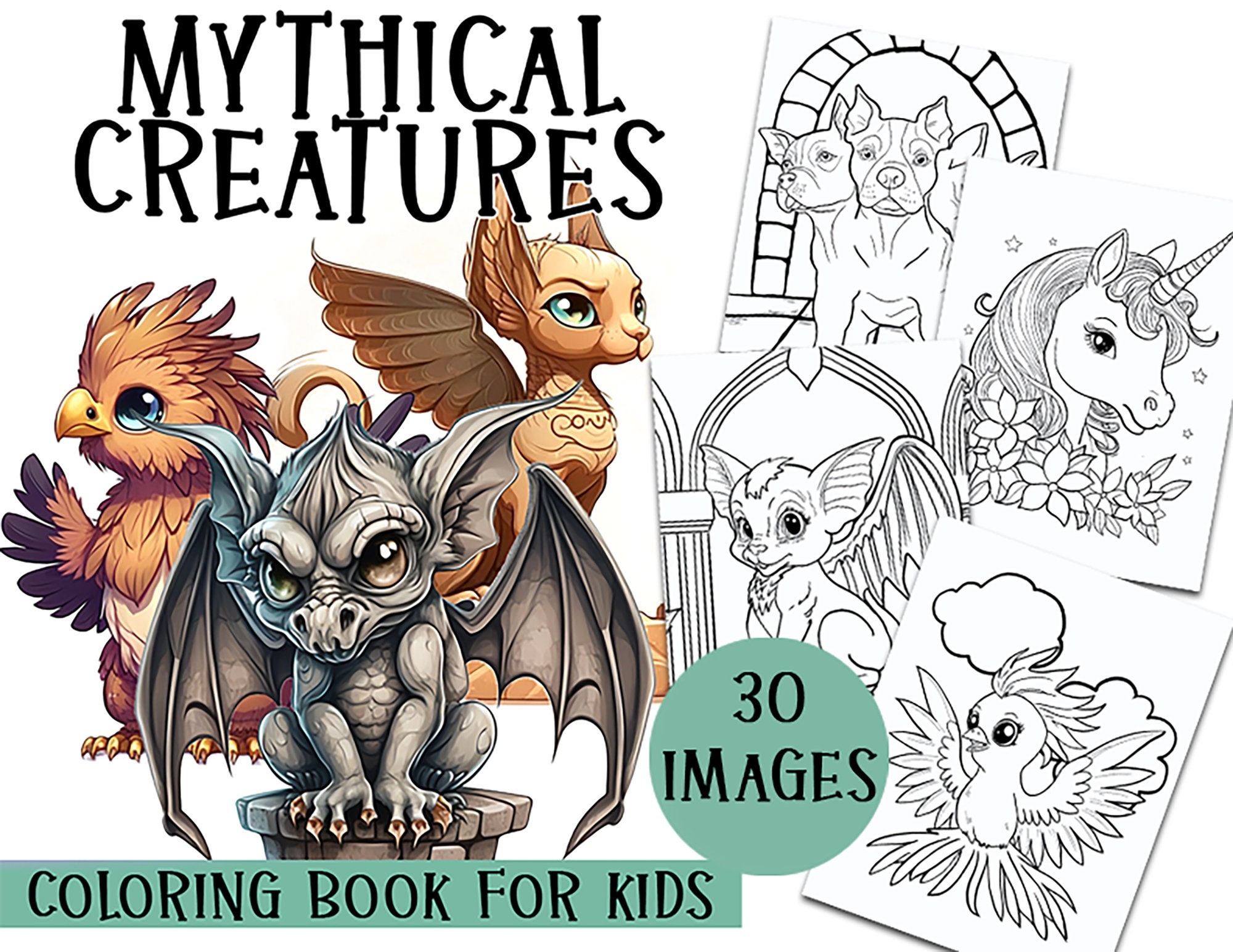 30 Mythical Creatures Coloring Book For Kids Unicorns Dragons Gargoyle Pheonix Griffin Kitsune Manticore Pegasus Etsy Sweden