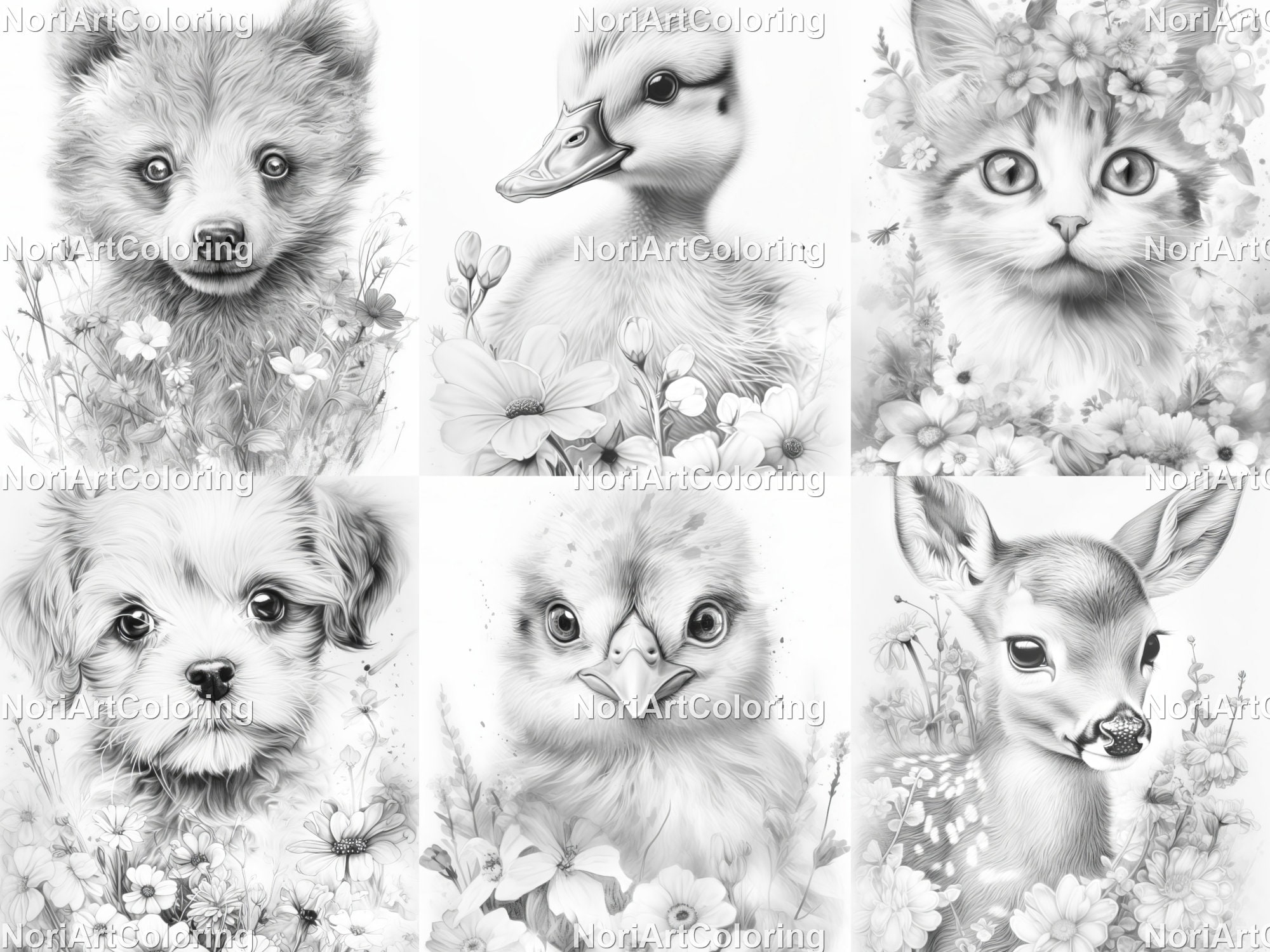 40 Cute Baby Animals Grayscale Coloring Pages Printable Adult Coloring Pages Download Grayscale Illustration Etsy