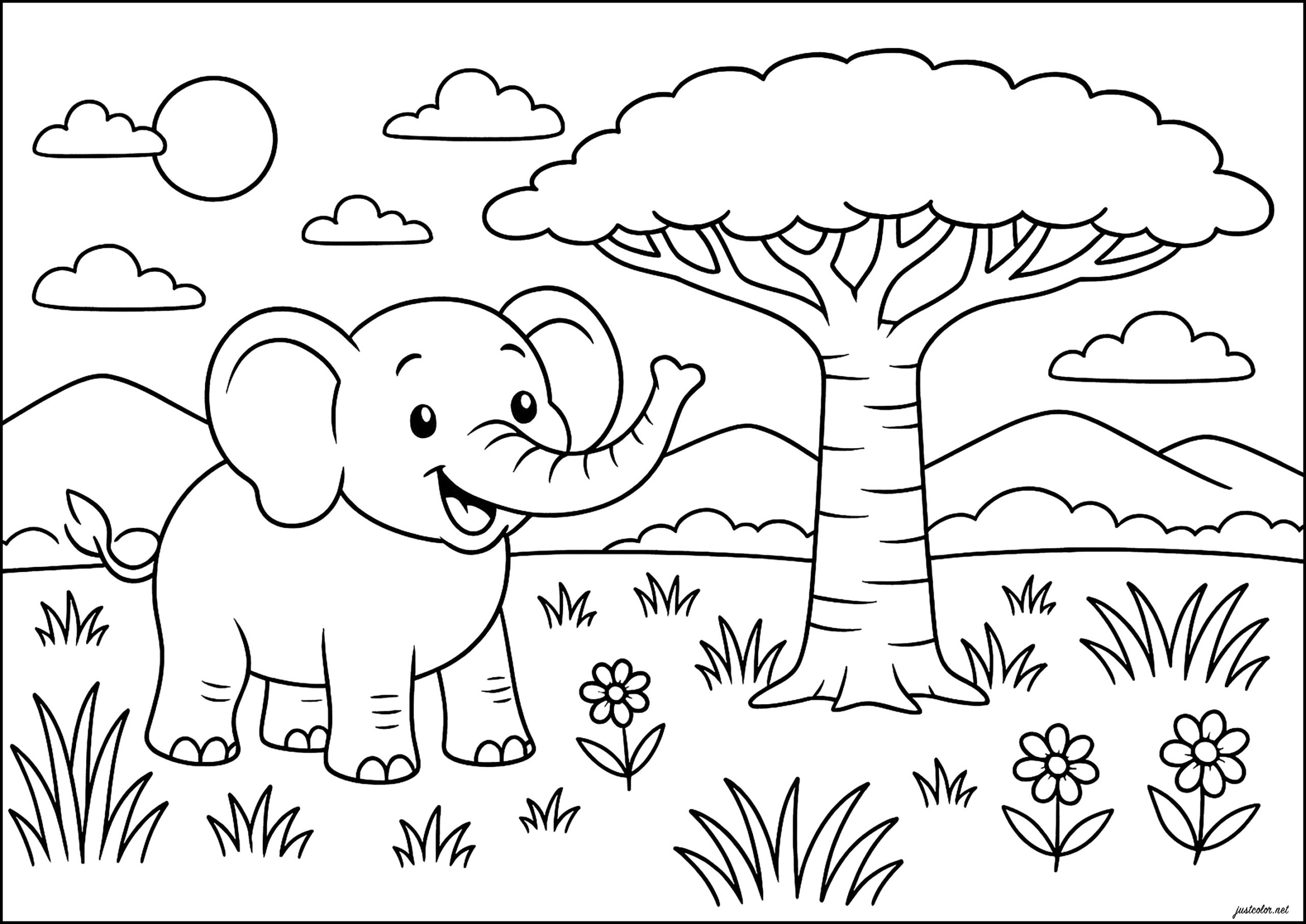 A Cheerful Elephant In The Sun Elephant Coloring Pages