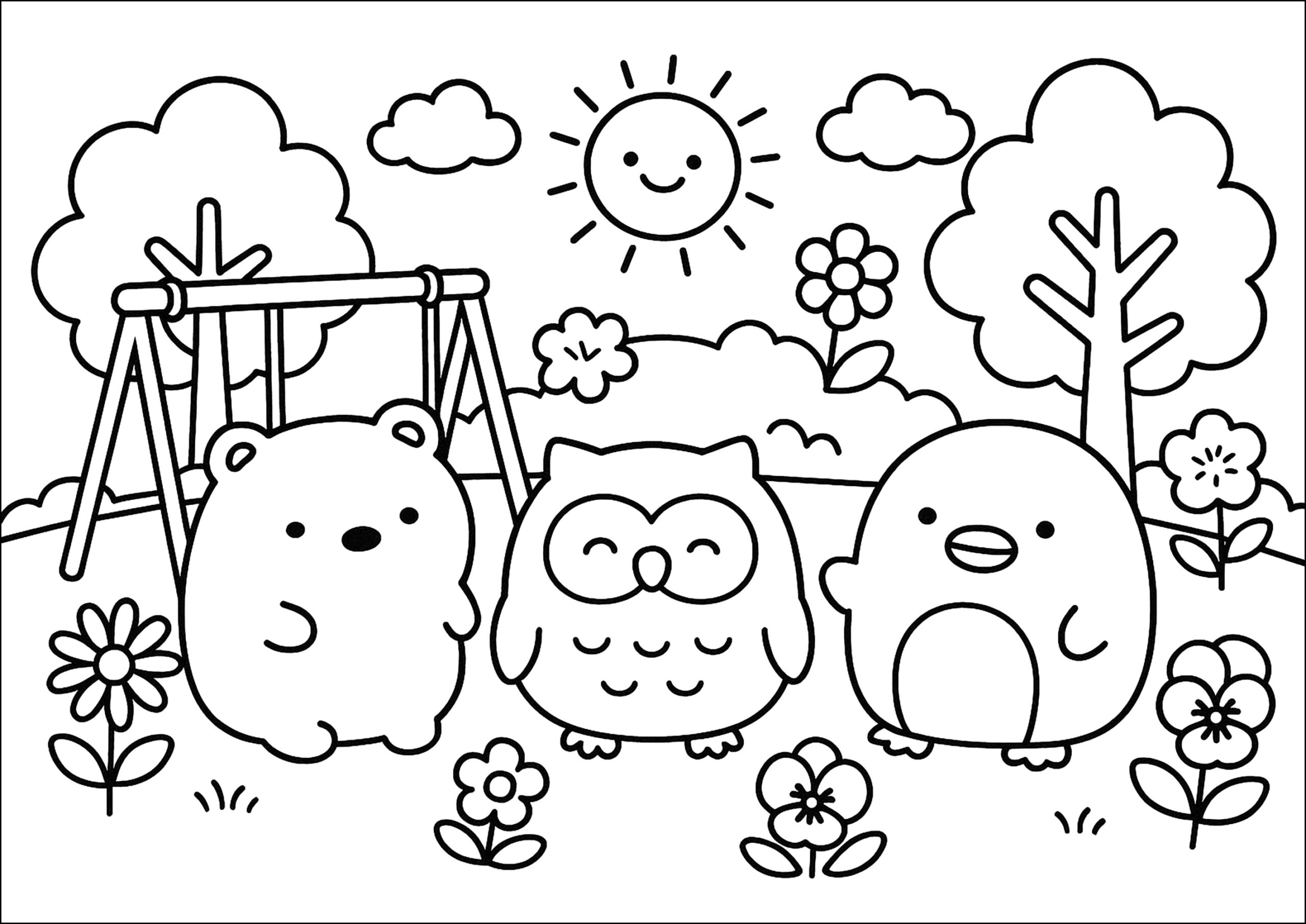 A Sunny Day With Animal Friends Kawaii Coloring Pages