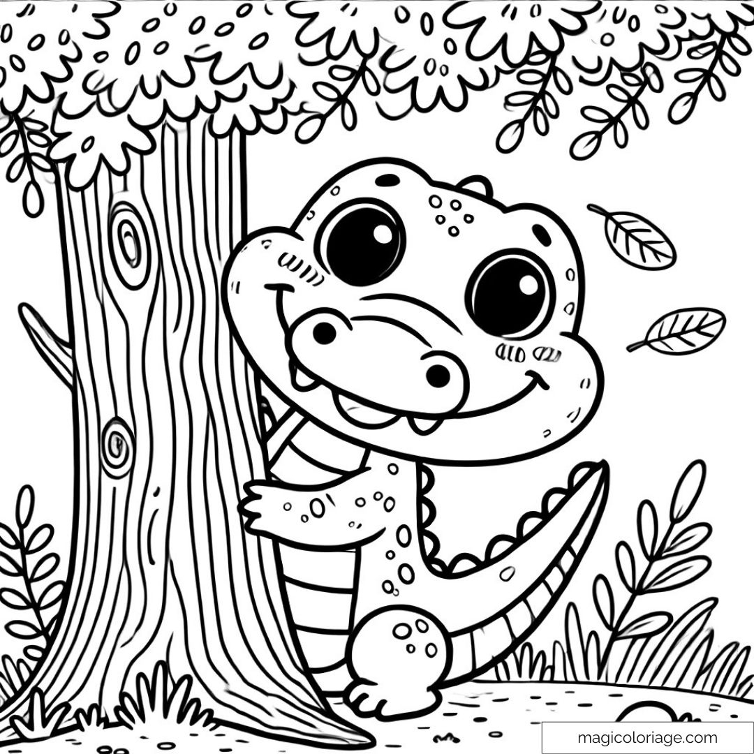 Adorable Baby Crocodile Hiding Behind A Tree Coloring Page