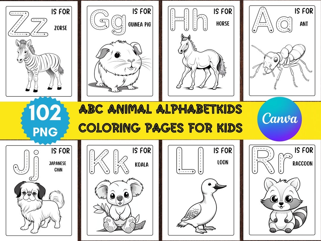 Animal Alphabet Coloring Pages ABC Preschool Activity 102 PNG Etsy