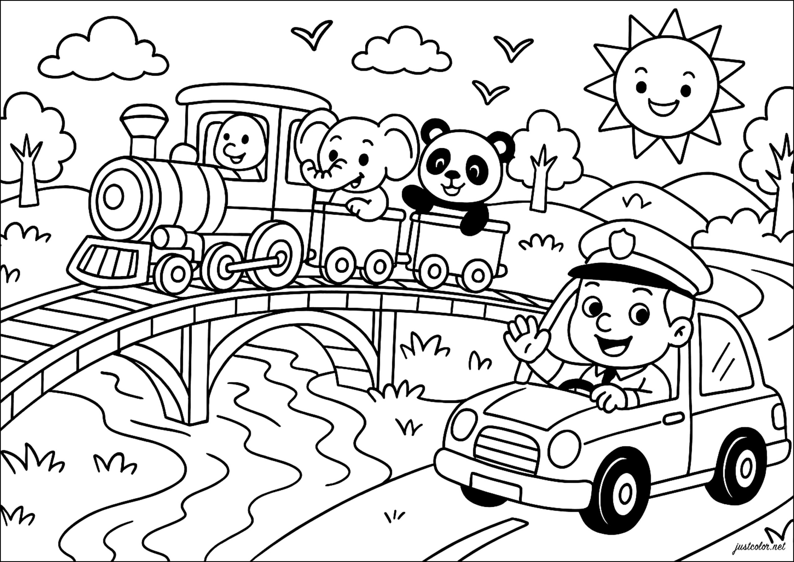 Animal Train And Police Car Transport Coloring Pages