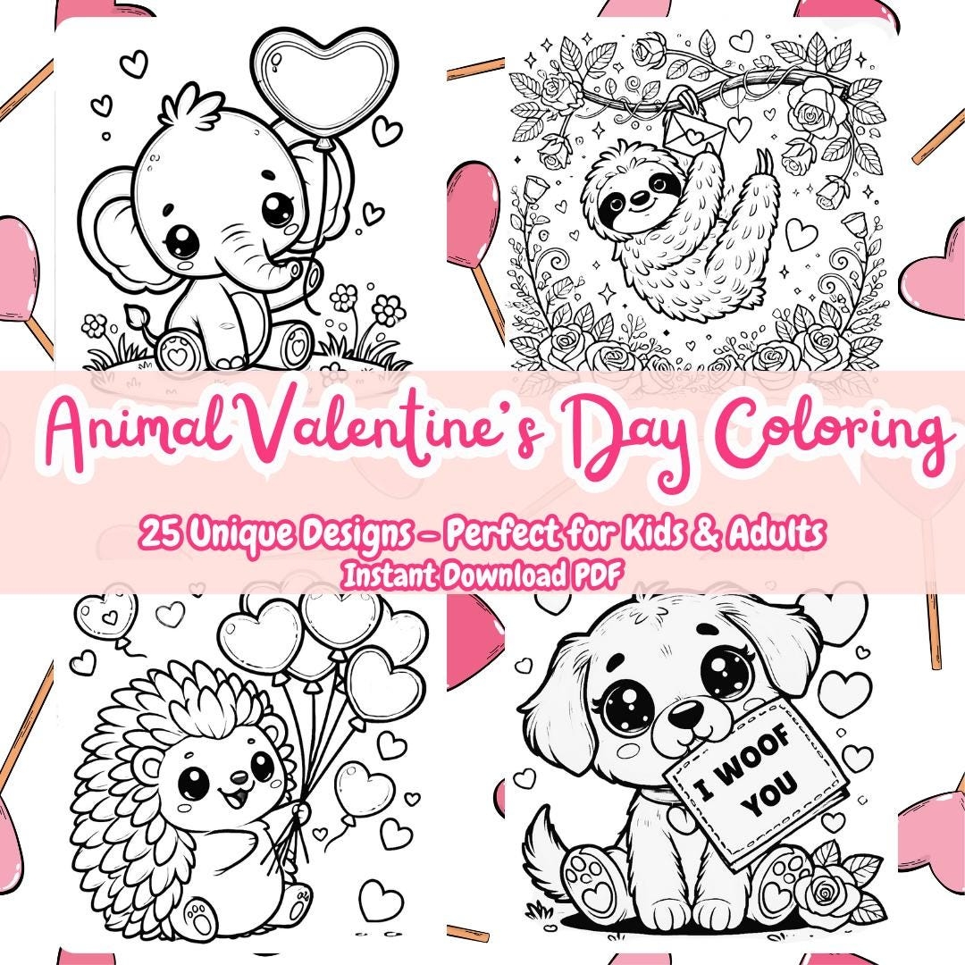 Animal Valentine s Day Coloring Book 25 Chibi Pages PDF Pattern Etsy