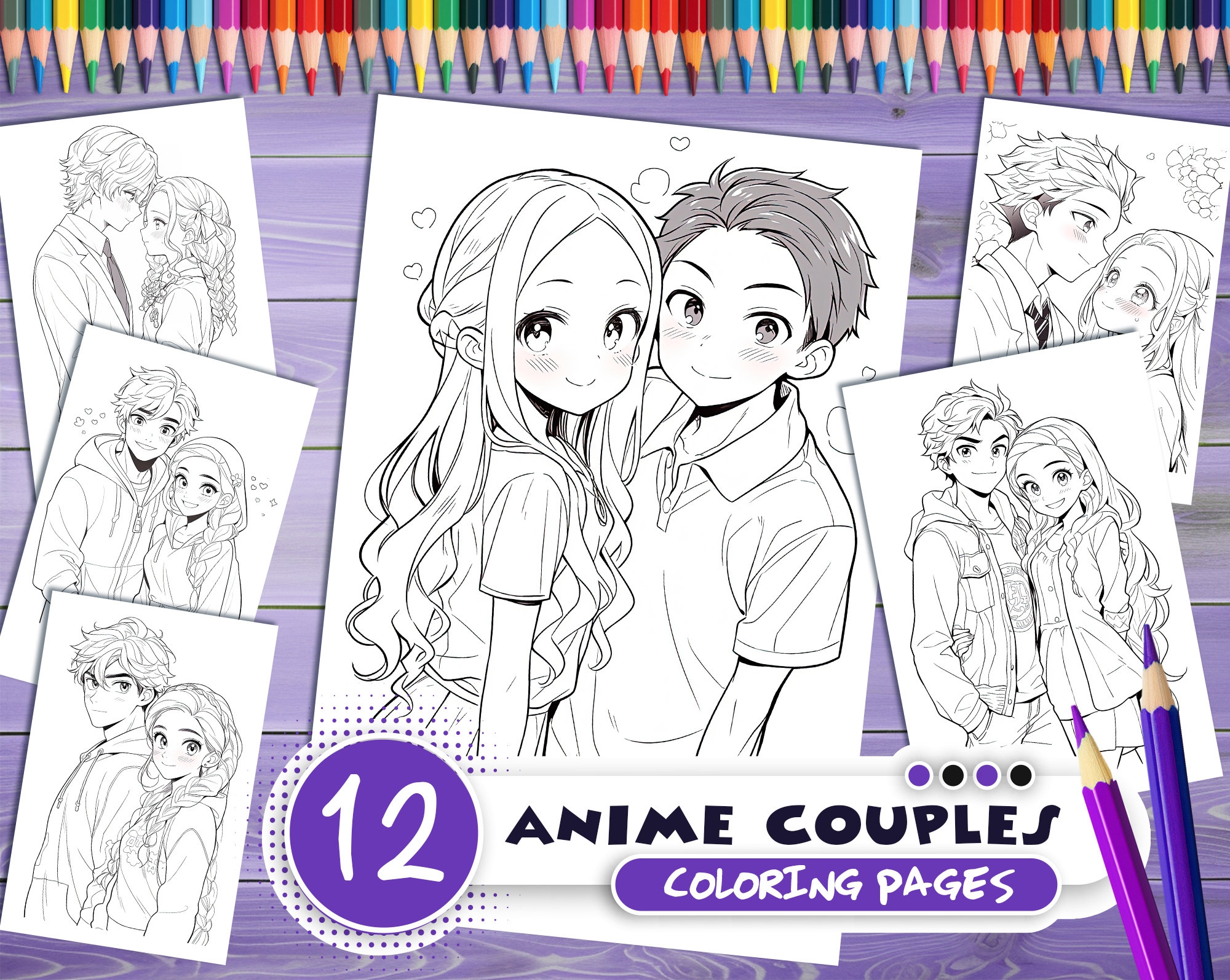 Anime Couples Coloring Book 12 Manga Printable Pages PDF Download Etsy