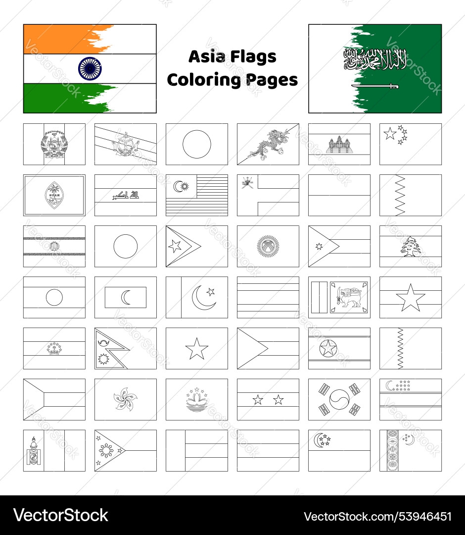 Asia Flags Coloring Pages For Kids Royalty Free Vector VectorStock