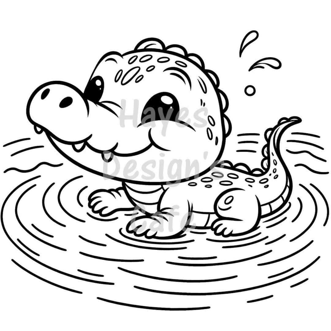 Baby Alligator Coloring Page Crayons Big Eyes Water Gator Reptile Zoo River Animal Wildlife Drawing Line Art Printable Coloring PNG Cricut Etsy