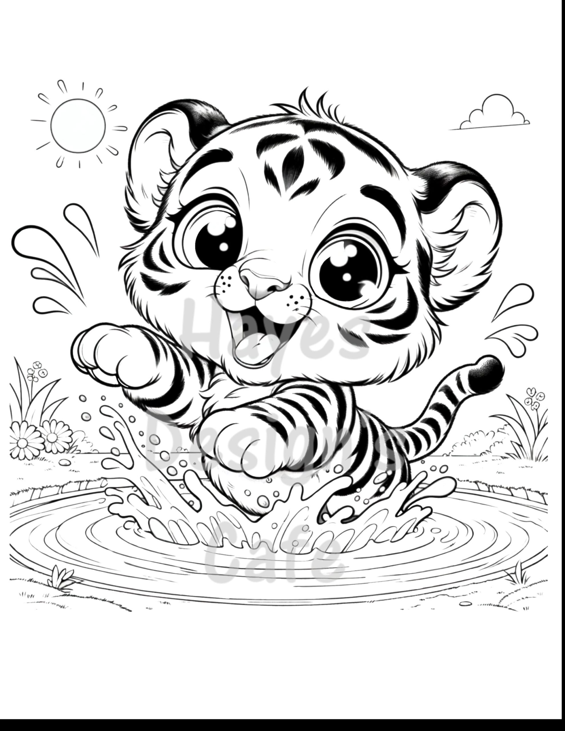 Baby Tiger Coloring Page Laughing Animal In Water PDF Pattern Etsy