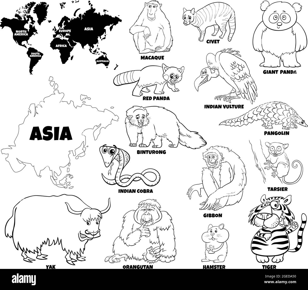 Black And White Educational Cartoon Illustration Of Asian Animal Species Set And World Map With Continents Shapes Coloring Book Page Stock Vector Image Art Alamy
