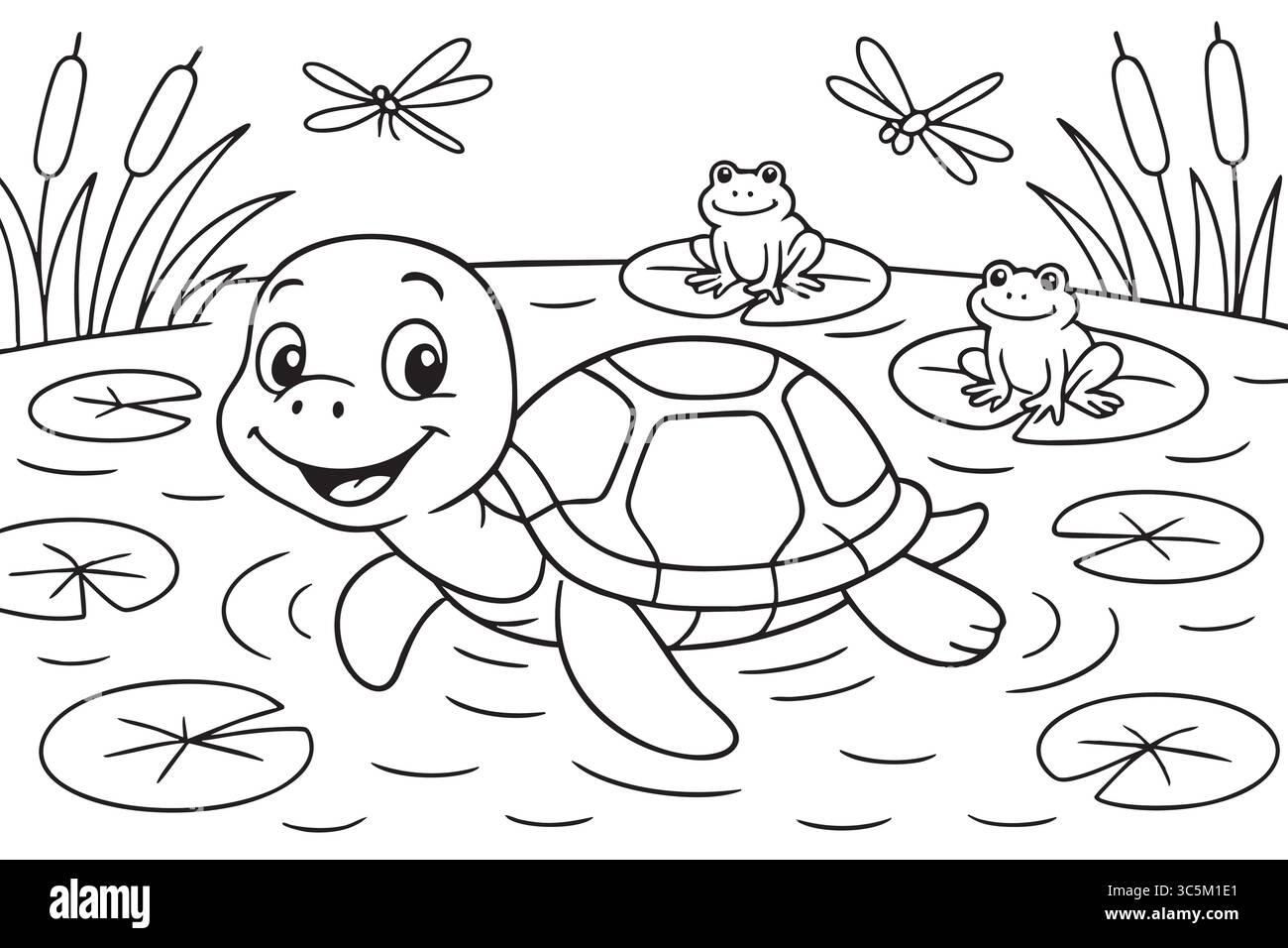 Black Outline Of Smiling Turtle Frogs And Dragonflies In Pond Coloring Page For Children Concept Of Kids Activity Fun Illustration Animal Art A Stock Vector Image Art Alamy