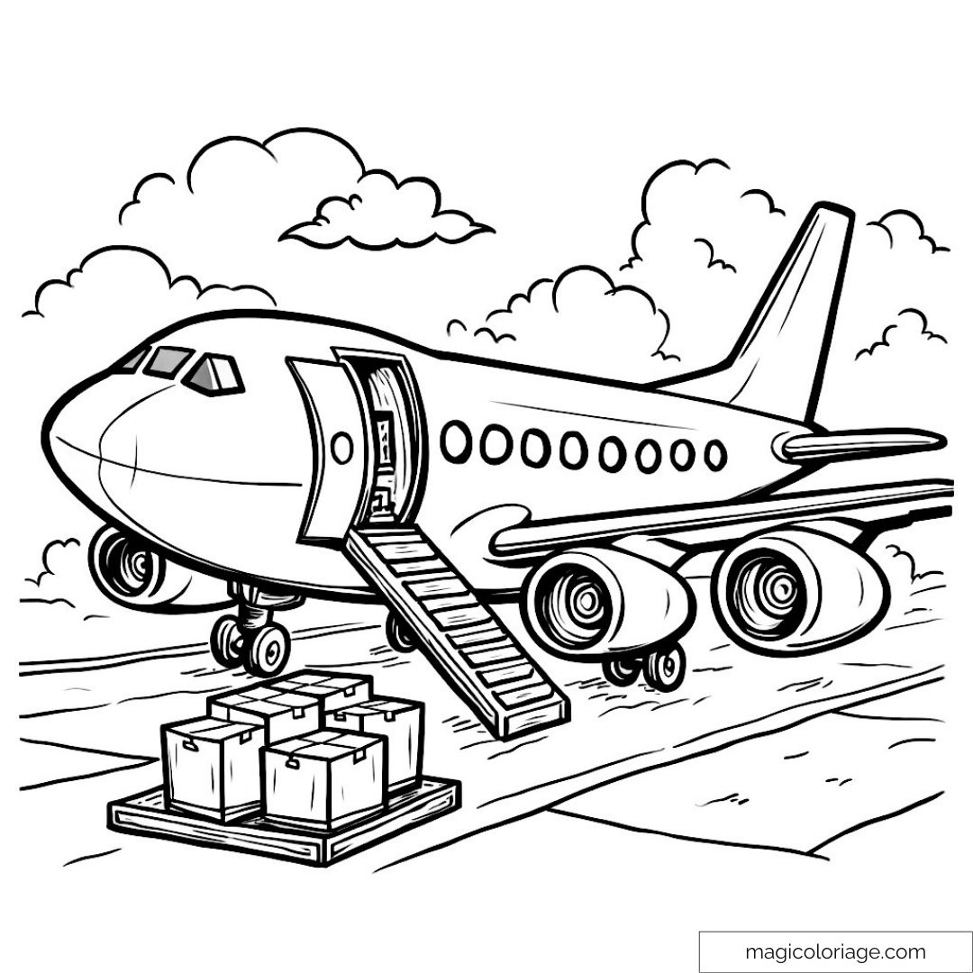 Cargo Plane Coloring Page On The Way With Clouds For Kids