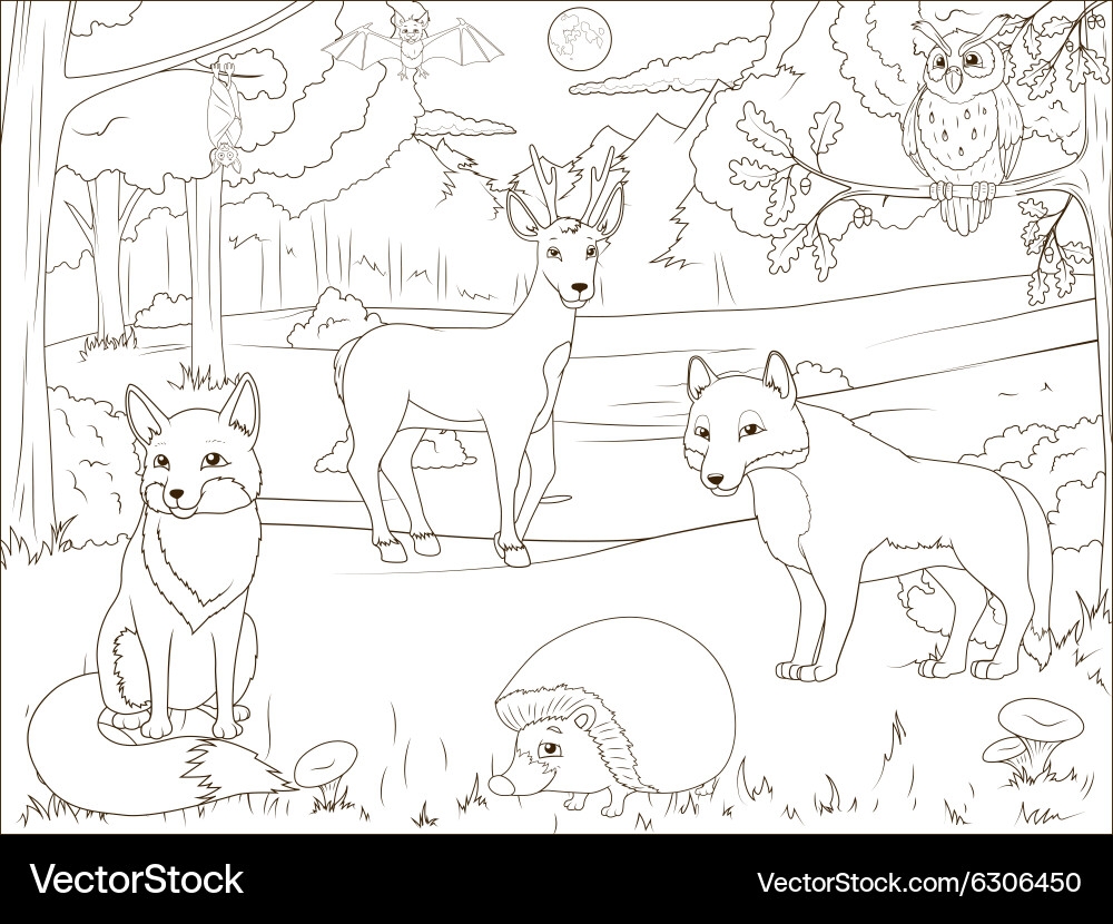 Cartoon Forest Animals Coloring Page Royalty Free Vector VectorStock