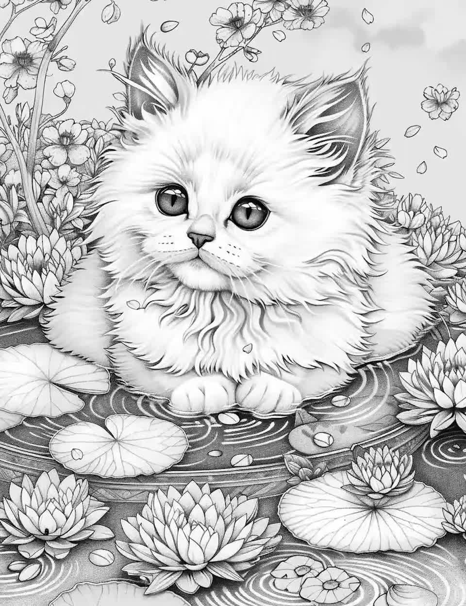 Cats Coloring Page Book Cherry Blossoms Kittens Grayscale Coloring Page Printable PDF Kitten Coloring Page Adult Kids Coloring Book Etsy