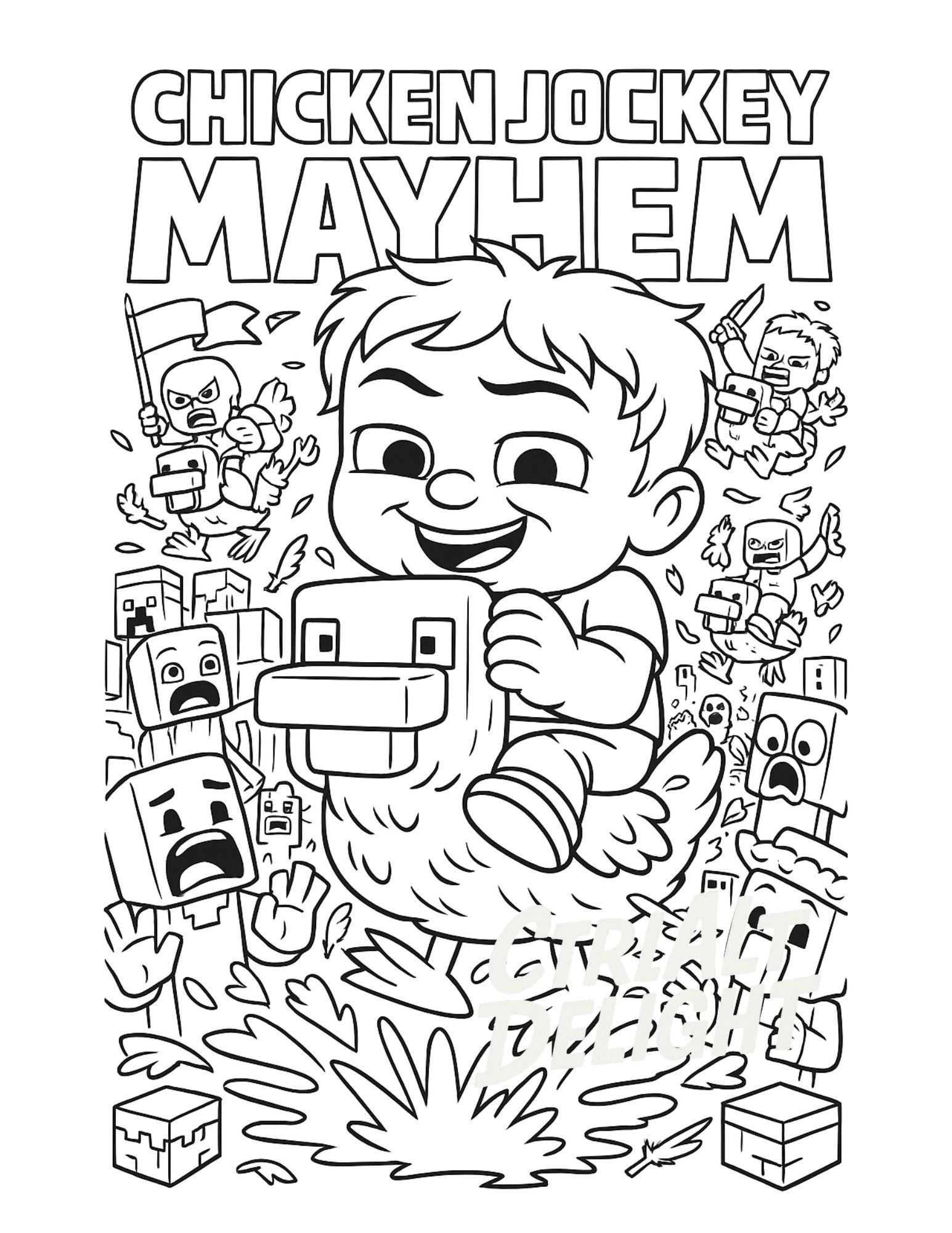 Chicken Jockey Mayhem Funny Minecraft inspired Coloring Book 10 page Digital Download For Kids Adults Etsy