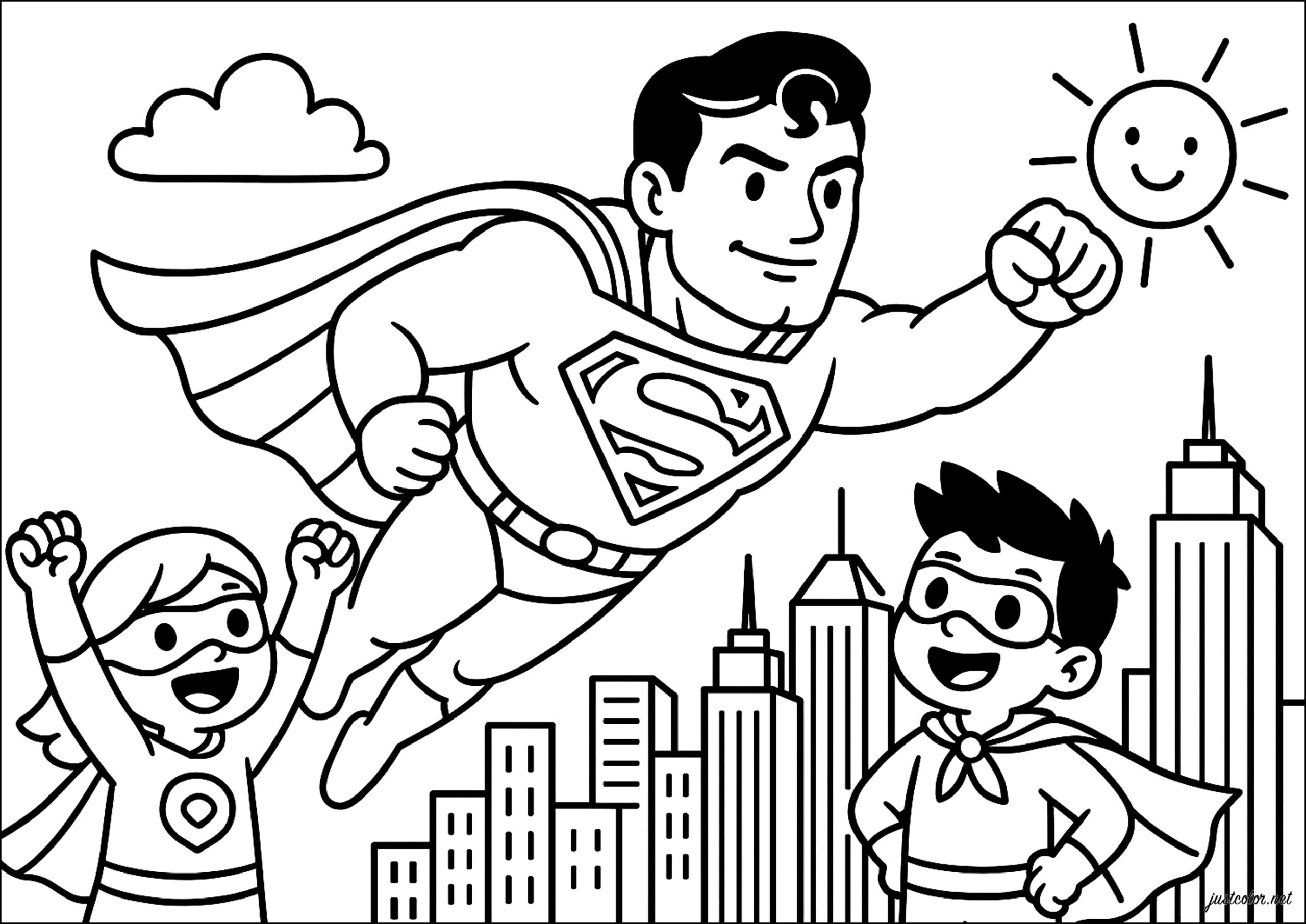 Children Admiring Their Hero Superman Coloring Pages
