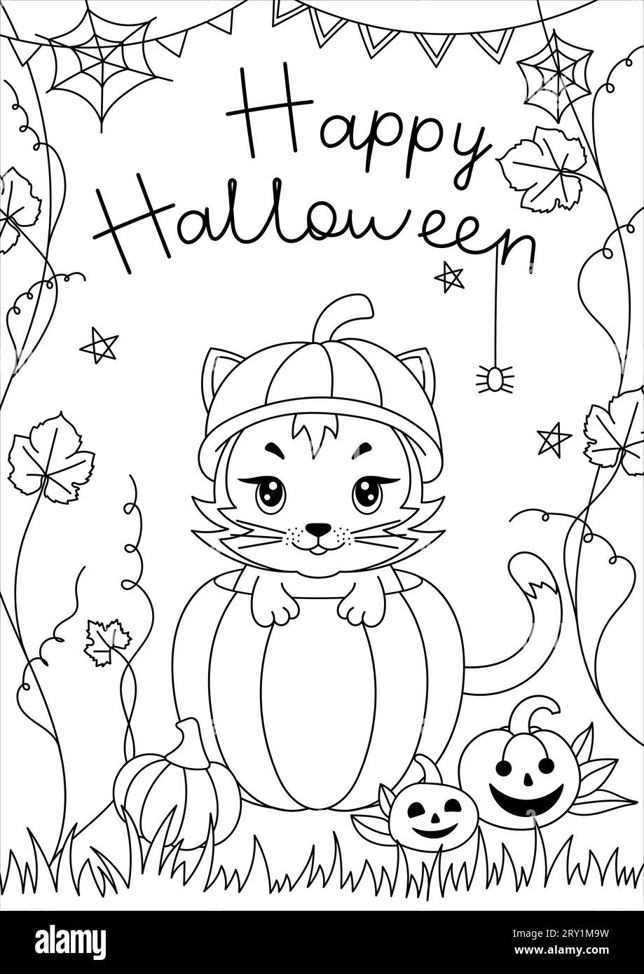 Children s Halloween Coloring Book With Cute Animals In A Pumpkin Coloring Page Black And White Vector Illustration Happy Halloween Stock Vector Image Art Alamy