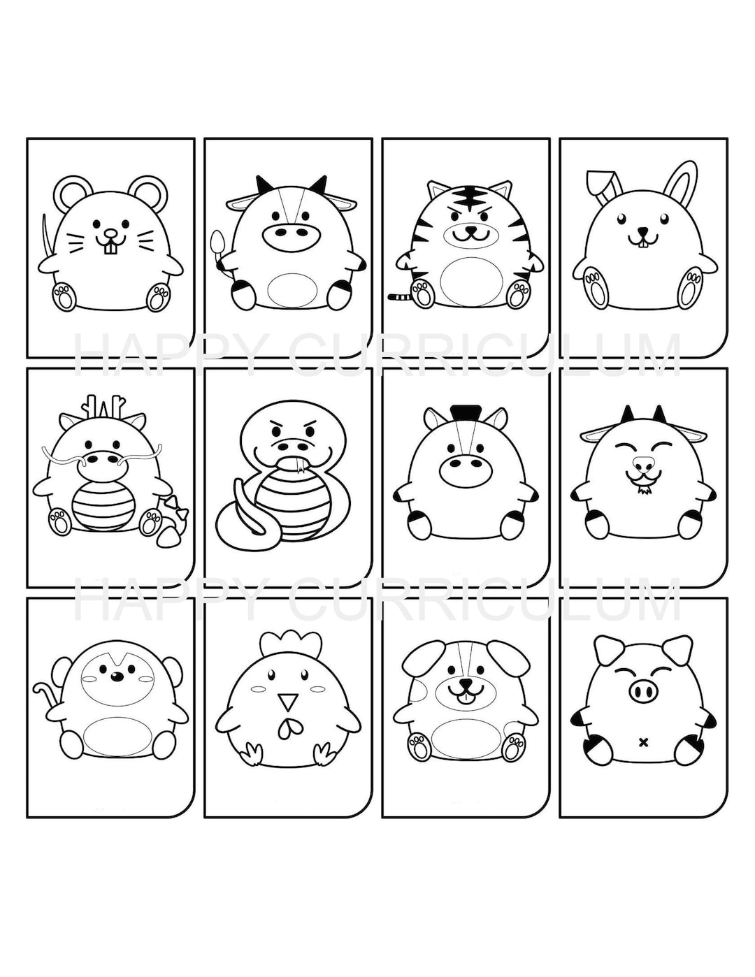 Chinese Zodiac Cute Animals Coloring Pages Etsy