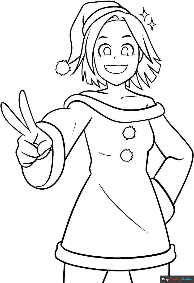 Christmas Anime Girl Coloring Page Easy Drawing Guides