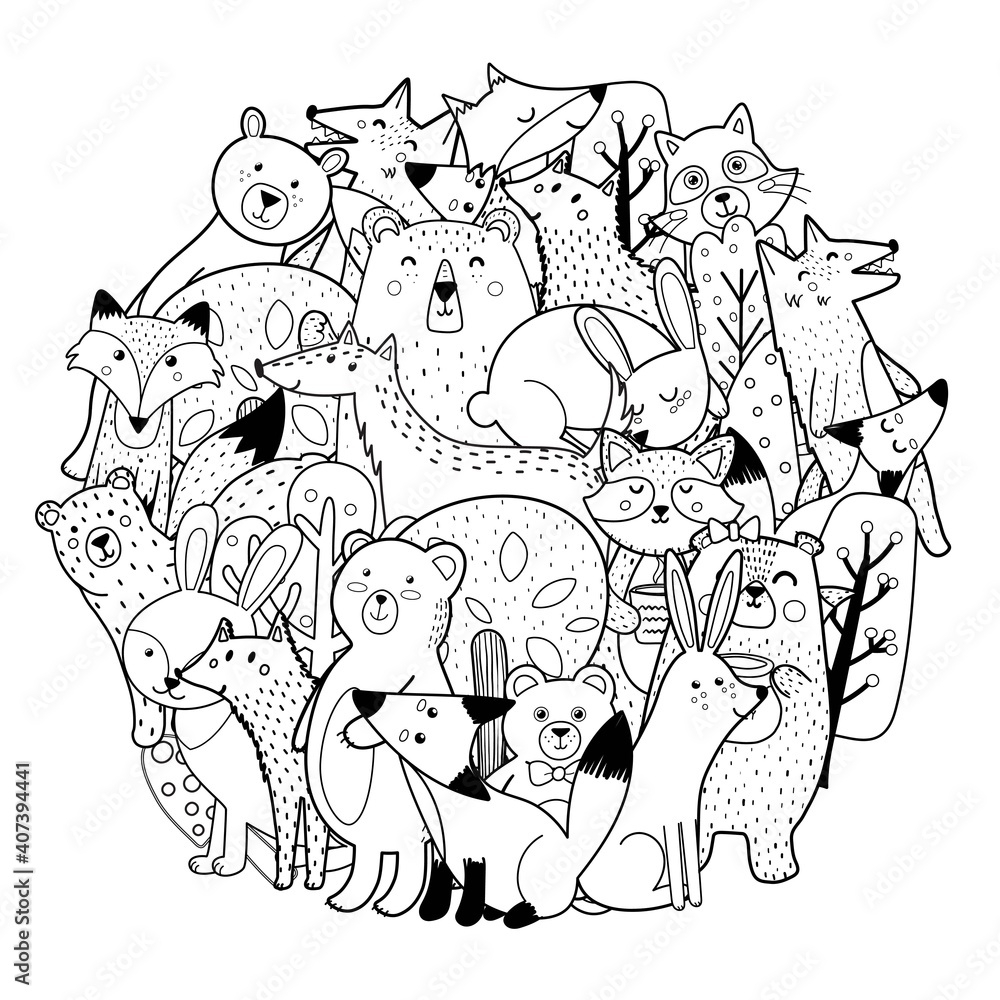 Circle Shape Coloring Page With Funny Forest Characters Cute Woodland Animals Black And White Print Template For Coloring Book Vector Illustration Stock Vector Adobe Stock