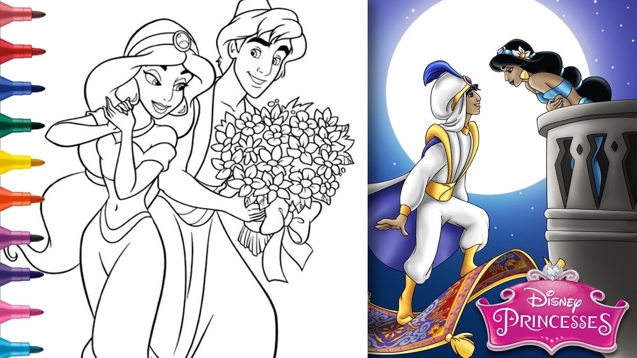 COLORING ALADDIN And JASMINE Disney Princess Jasmine Valentine s Day Aladdin Jasmine Coloring Page YouTube