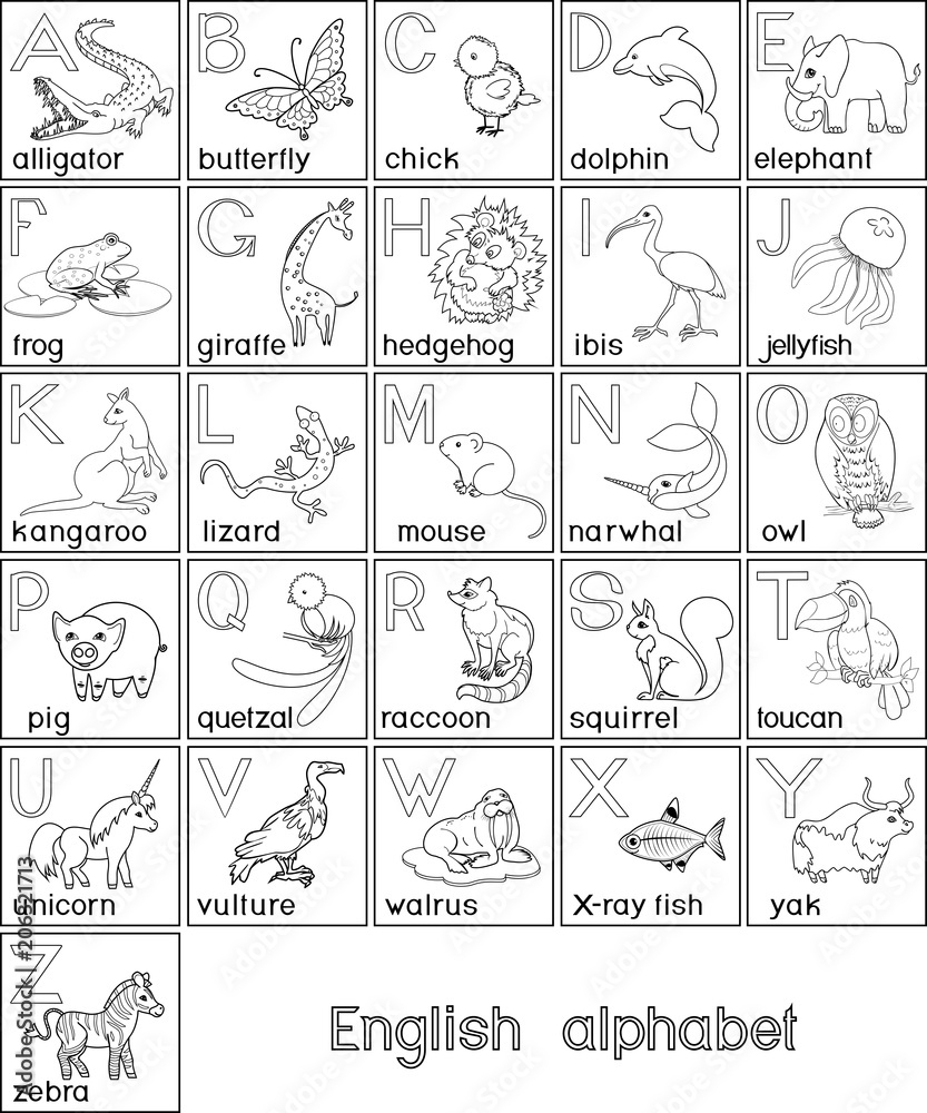 Coloring Page English Alphabet With Pictures Of Different Cartoon Animals And Titles For Children Education Stock Vector Adobe Stock