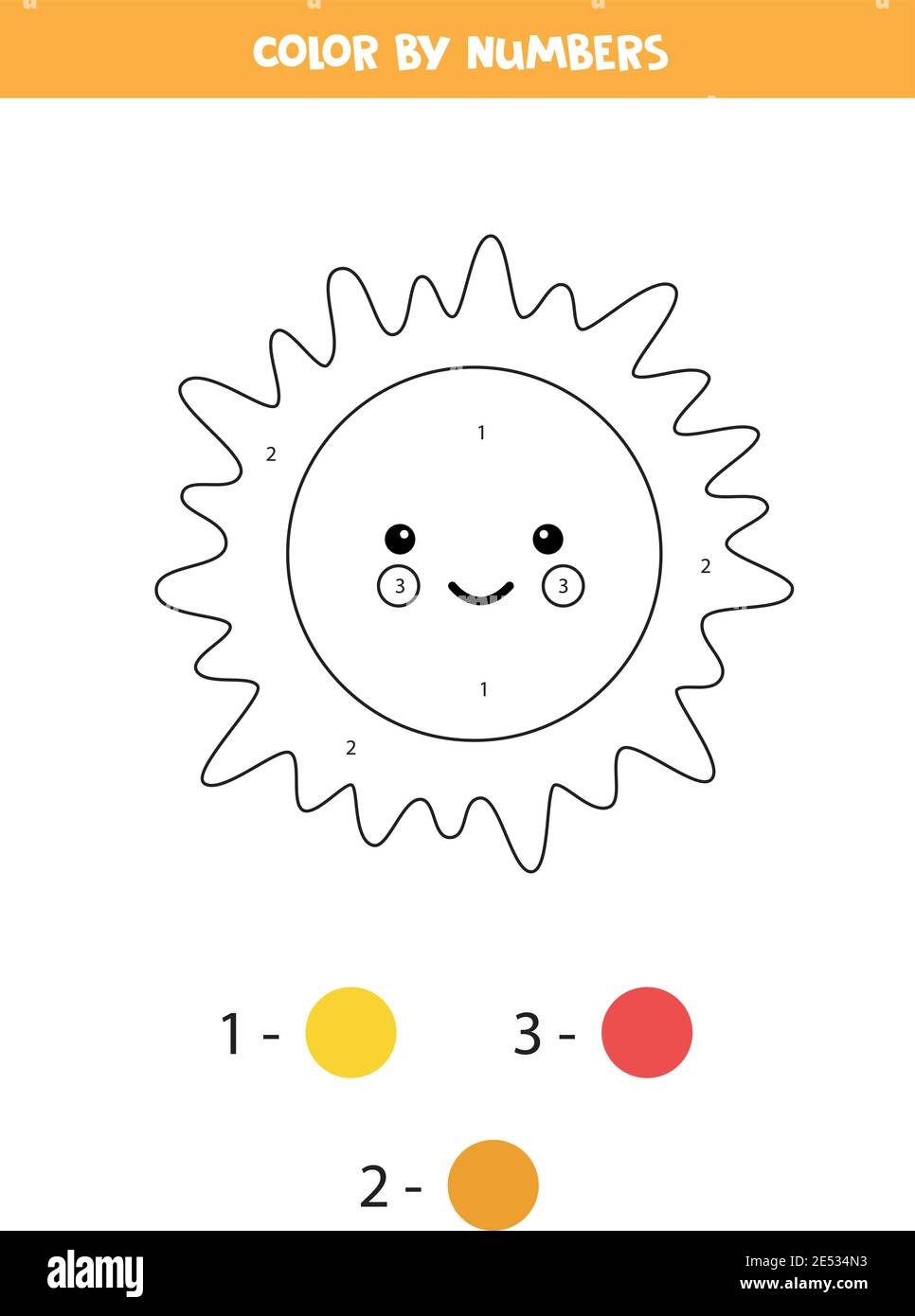 Coloring Page With Cute Kawaii Sun Color By Numbers Math Game For Kids Stock Vector Image Art Alamy