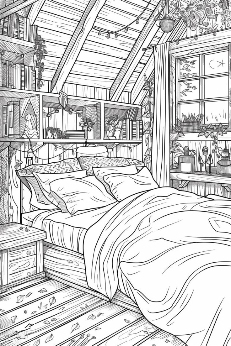 Cozy Cabin Interior With Bed Coloring Pages Free Printable 
