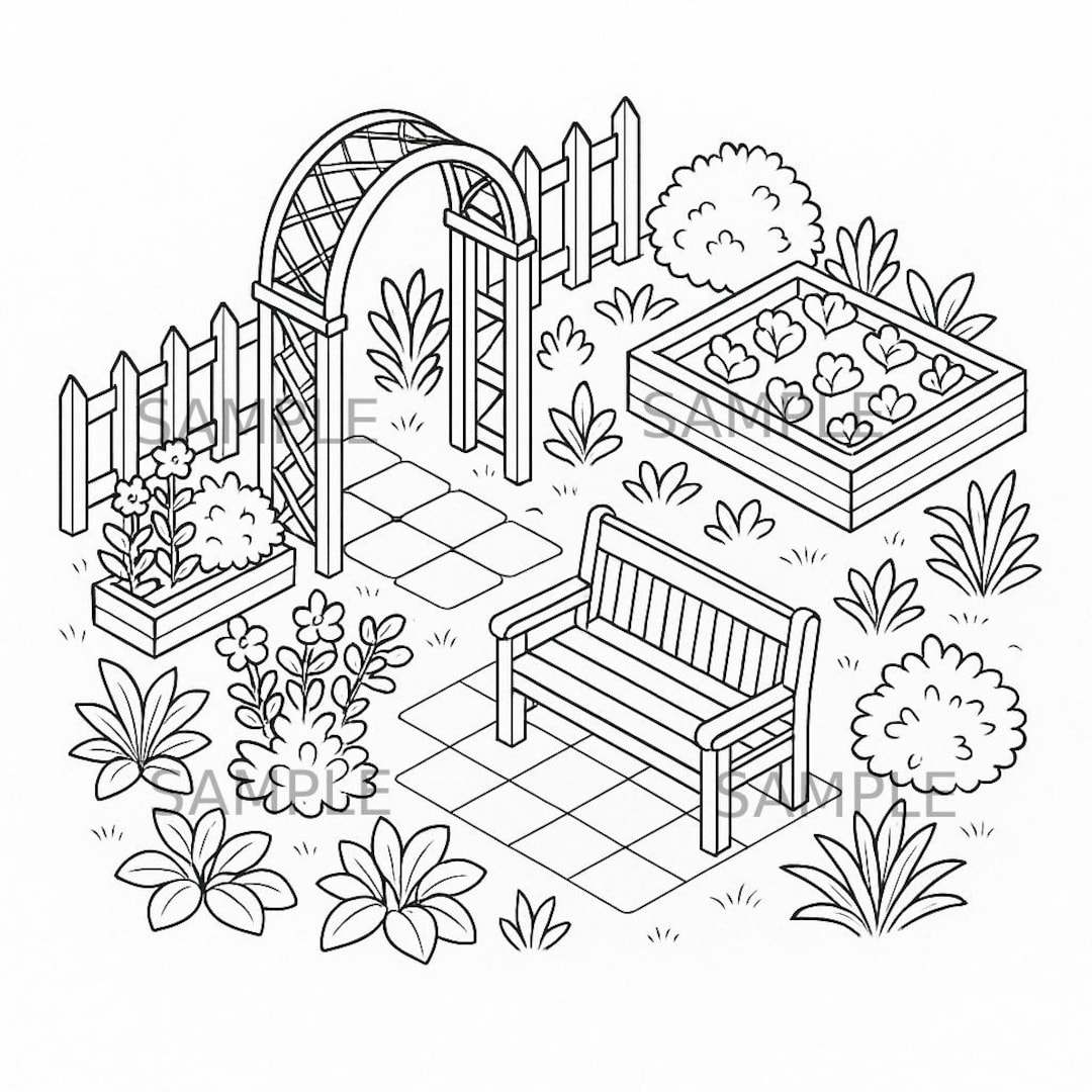 Cozy Garden Coloring Page Printable Relaxing Raised Bed Garden Scene Digital Download For Kid And Adult Outdoor Bench Flowers Line Art Etsy