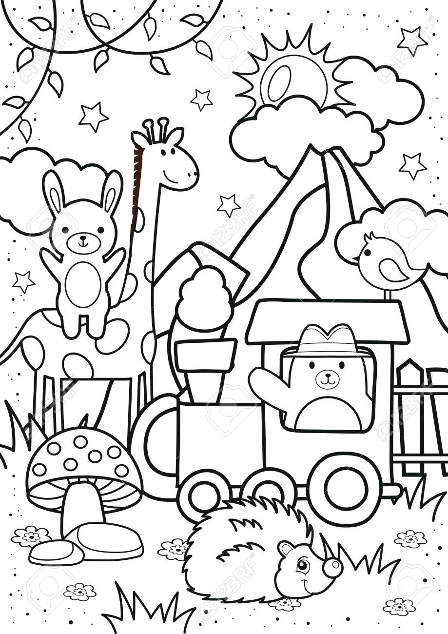Cute Bear And Friends In The Forest Coloring Pages Kids Coloring Book Worksheet For Children Royalty Free SVG Cliparts Vectors And Stock Illustration Image 145030648 