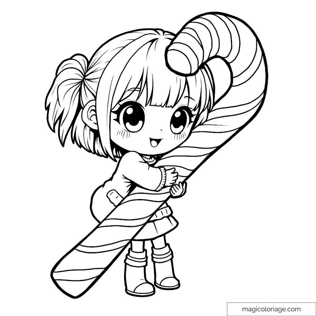 Cute Girl With Candy Cane Coloring Page Kawaii