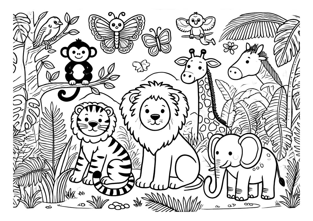 Cute Jungle Animals Children s Colouring Page Tiger Lion Giraffe Monkey Butterfly Jungle Coloring Page For Kids Digital Download Etsy