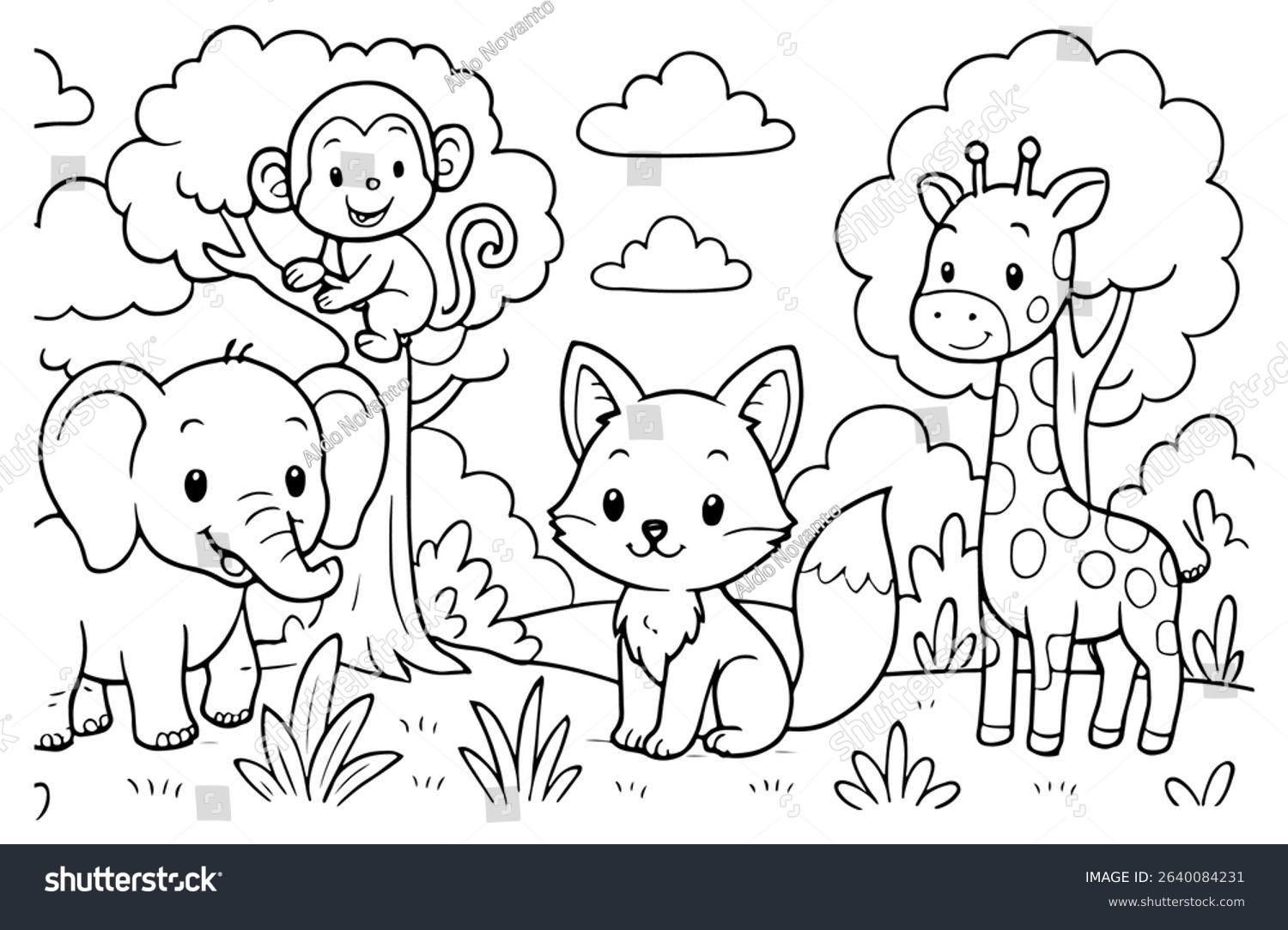 Cute Jungle Animals Coloring Page Featuring Stock Vector Royalty Free 2640084231 Shutterstock