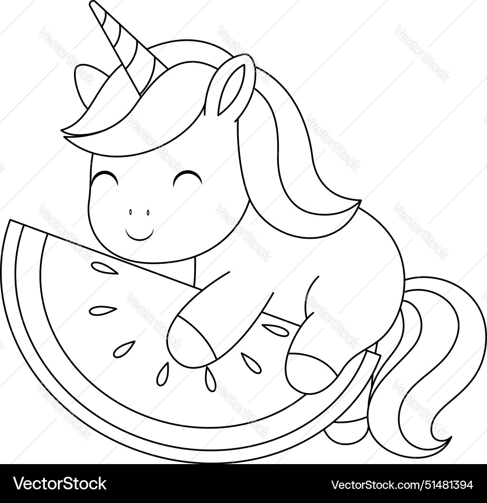 Cute Kawaii Unicorn And Watermelon Coloring Page Royalty Free Vector VectorStock