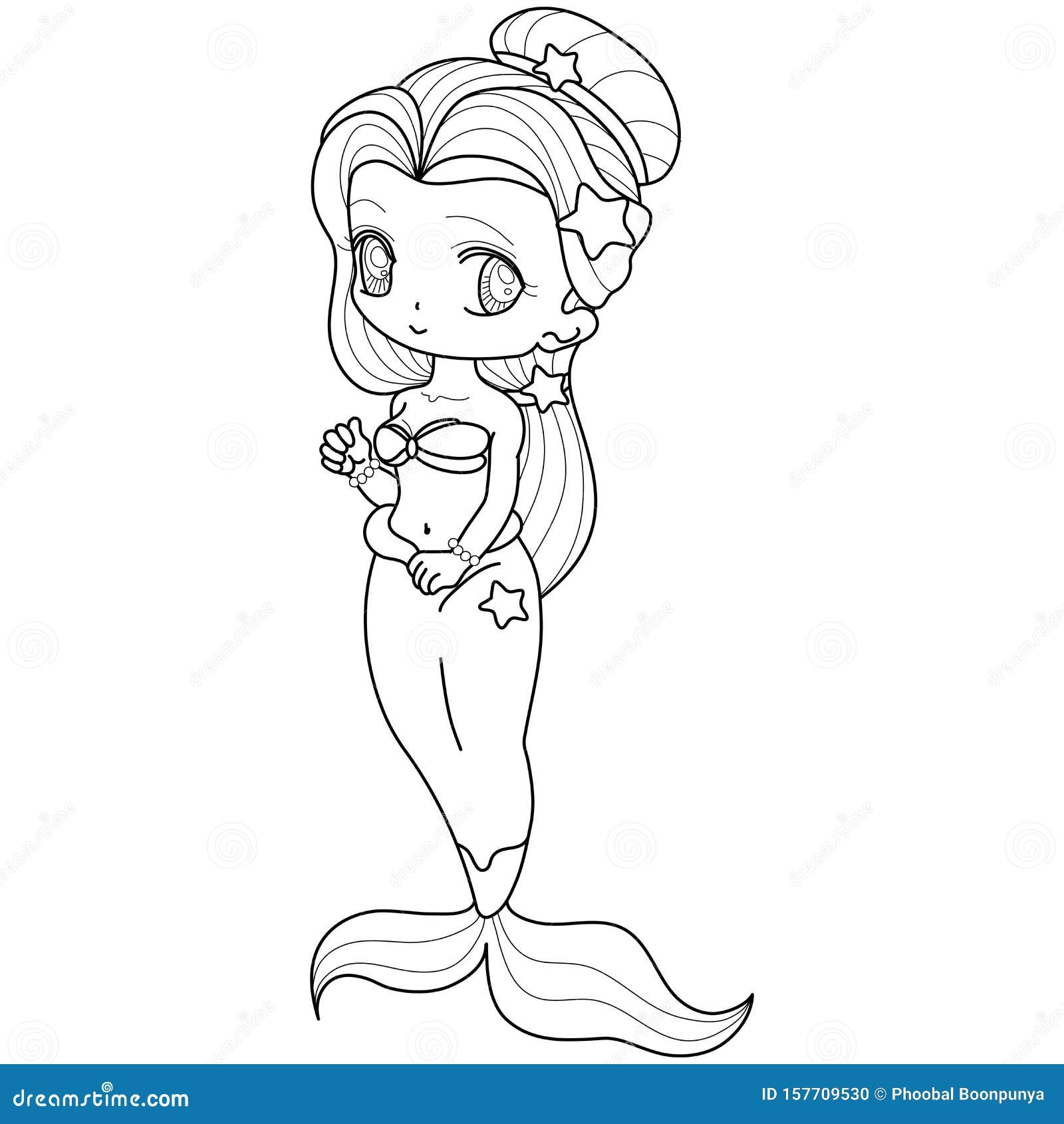 Cute Little Mermaid Underwater World Coloring Book Page For Kids Collection Of Design Element Outline Kawaii Anime Chibi Style Stock Vector Illustration Of Childhood Kids 157709530