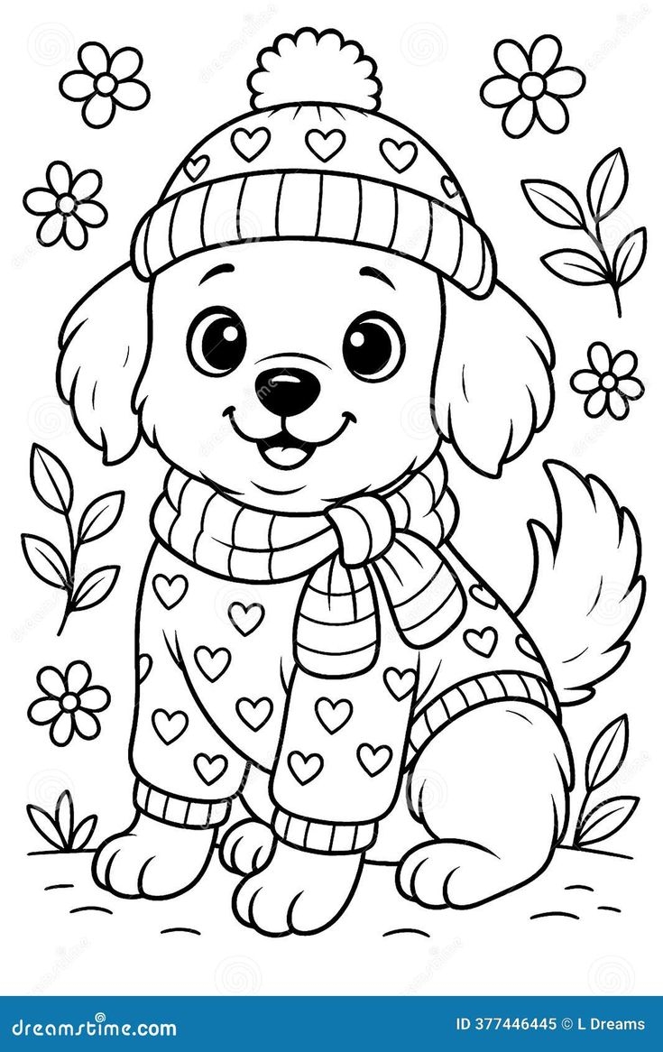 Cute Puppy Dog Dressed In A Winter Sweater Scarf And Hat Coloring Page Stock Illustration Illustration Of Wintery Pages 377446445