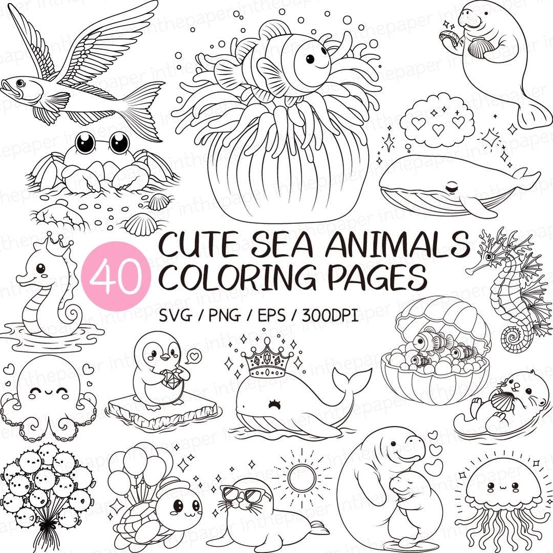 Cute Sea Animals Coloring Pages SVG PNG Ocean Black Silhouettes Whale Dolphin Shark Turtle Octopus Jellyfish Stingray Seahorse Otter Seal Etsy