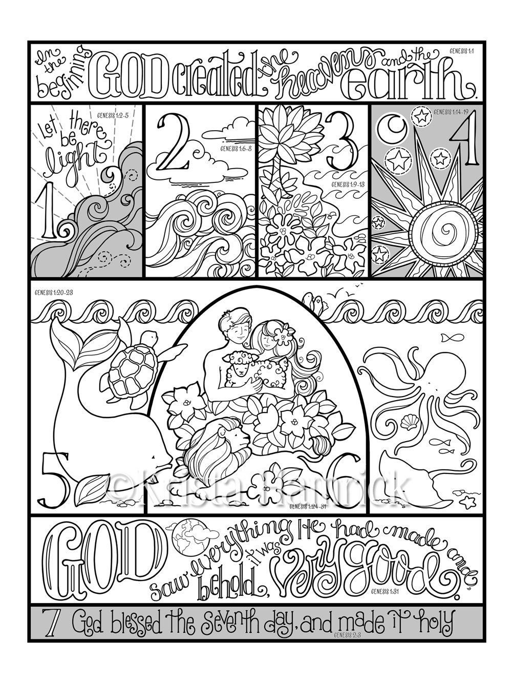 Days Of Creation Coloring Page In Three Sizes 8 5X11 8X10 Suitable For Framing 6X8 For Bible Journaling Tip in Etsy