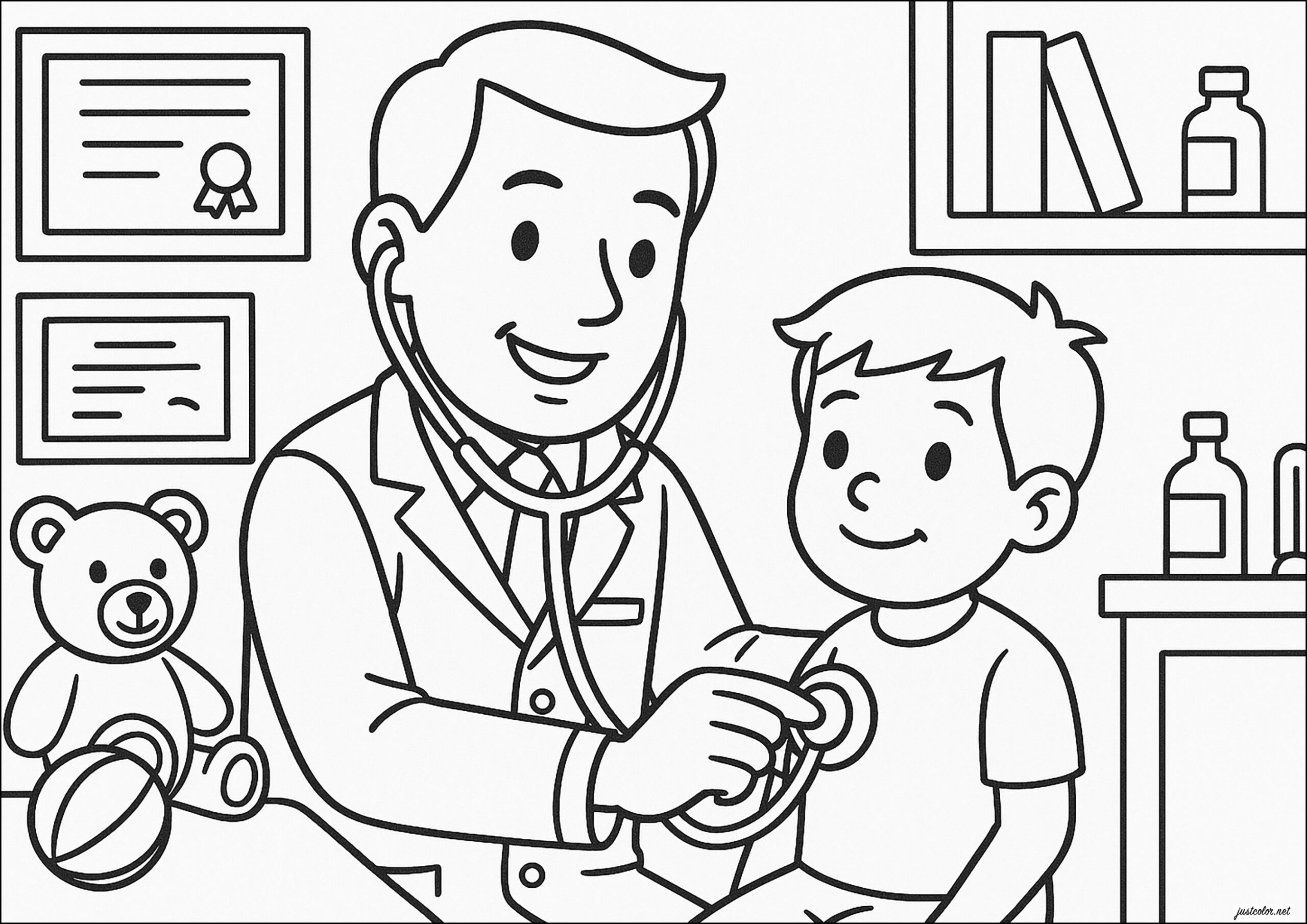 Doctor Examining A Child With A Stethoscope Professions Coloring Pages