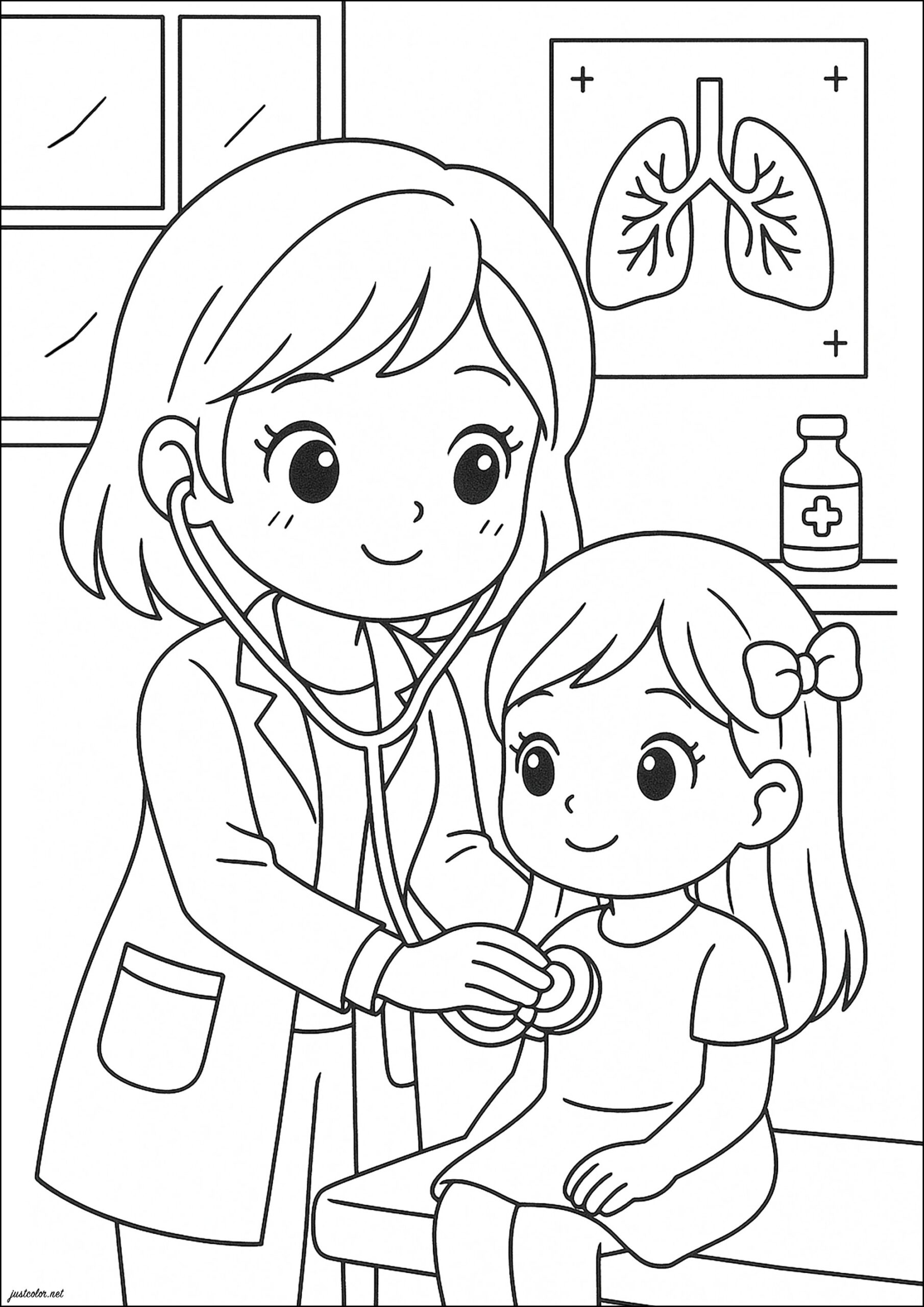 Doctor Examining A Young Girl Professions Coloring Pages
