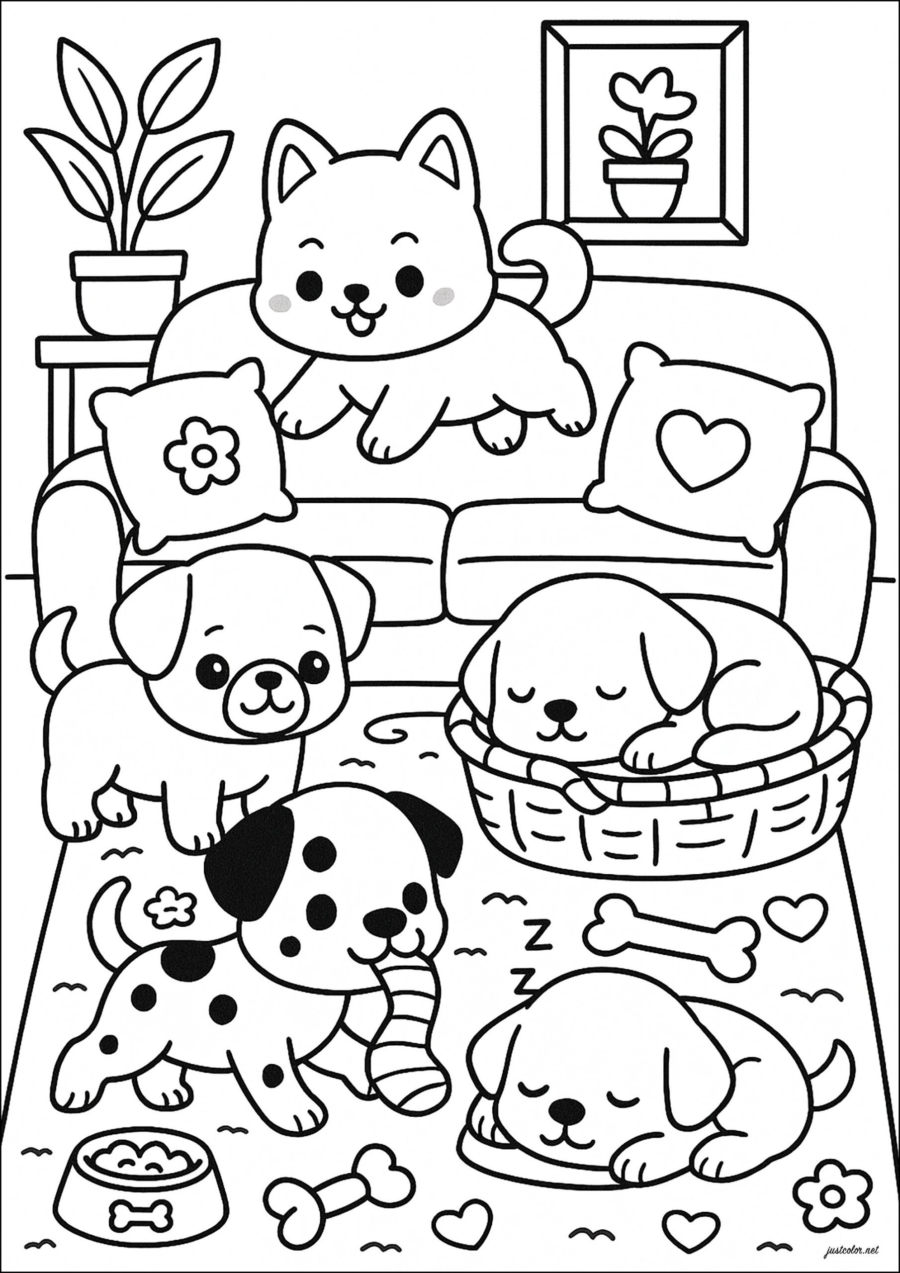 Dogs Playing In The Living Room Dog Coloring Pages