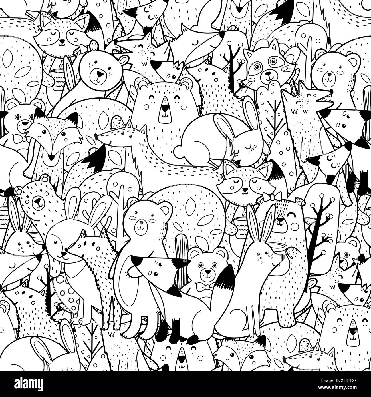 Doodle Forest Animals Black And White Seamless Pattern Funny Coloring Page Stock Vector Image Art Alamy