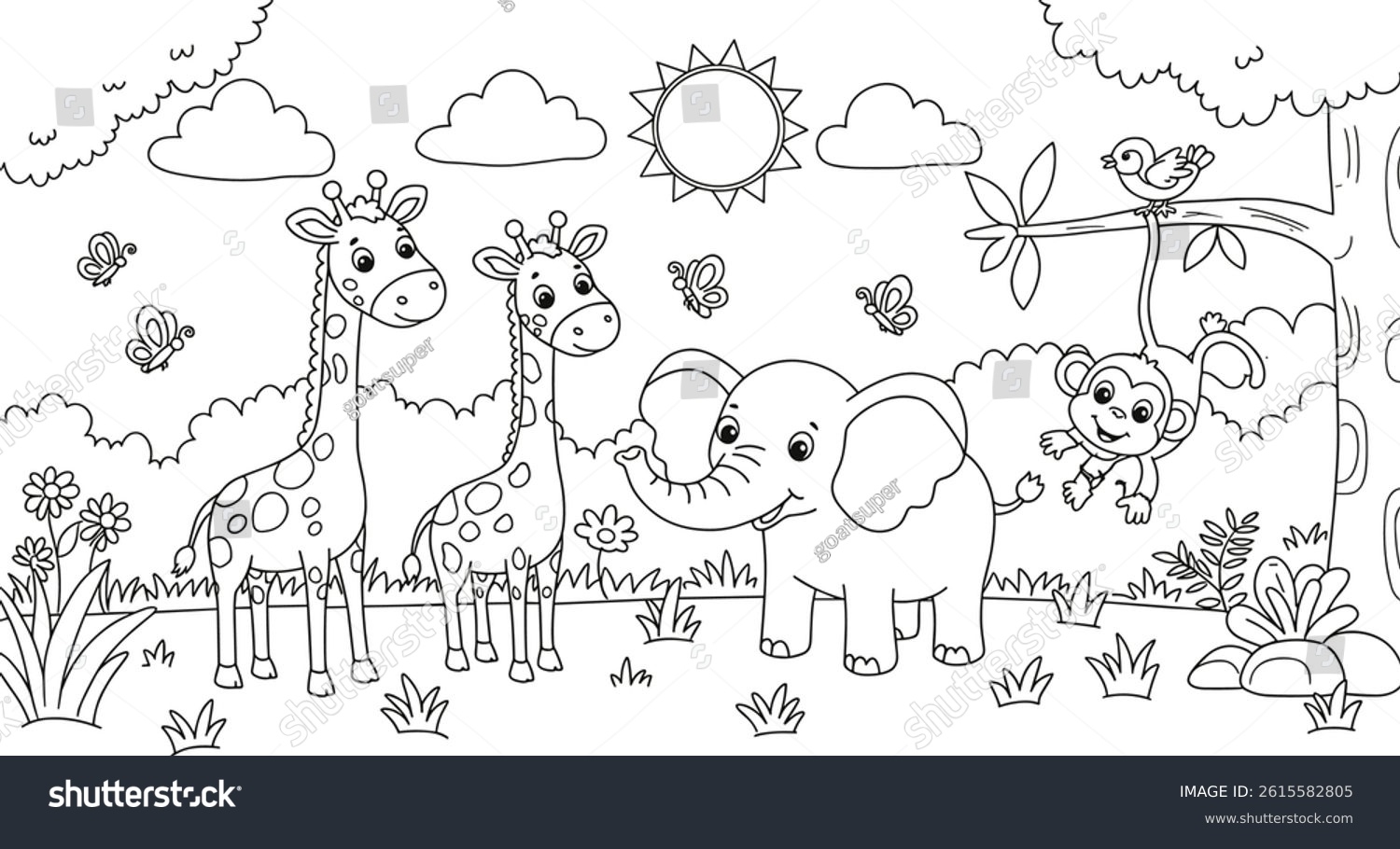 Easy Jungle Animals Coloring Sheet Kids Stock Vector Royalty Free 2615582805 Shutterstock