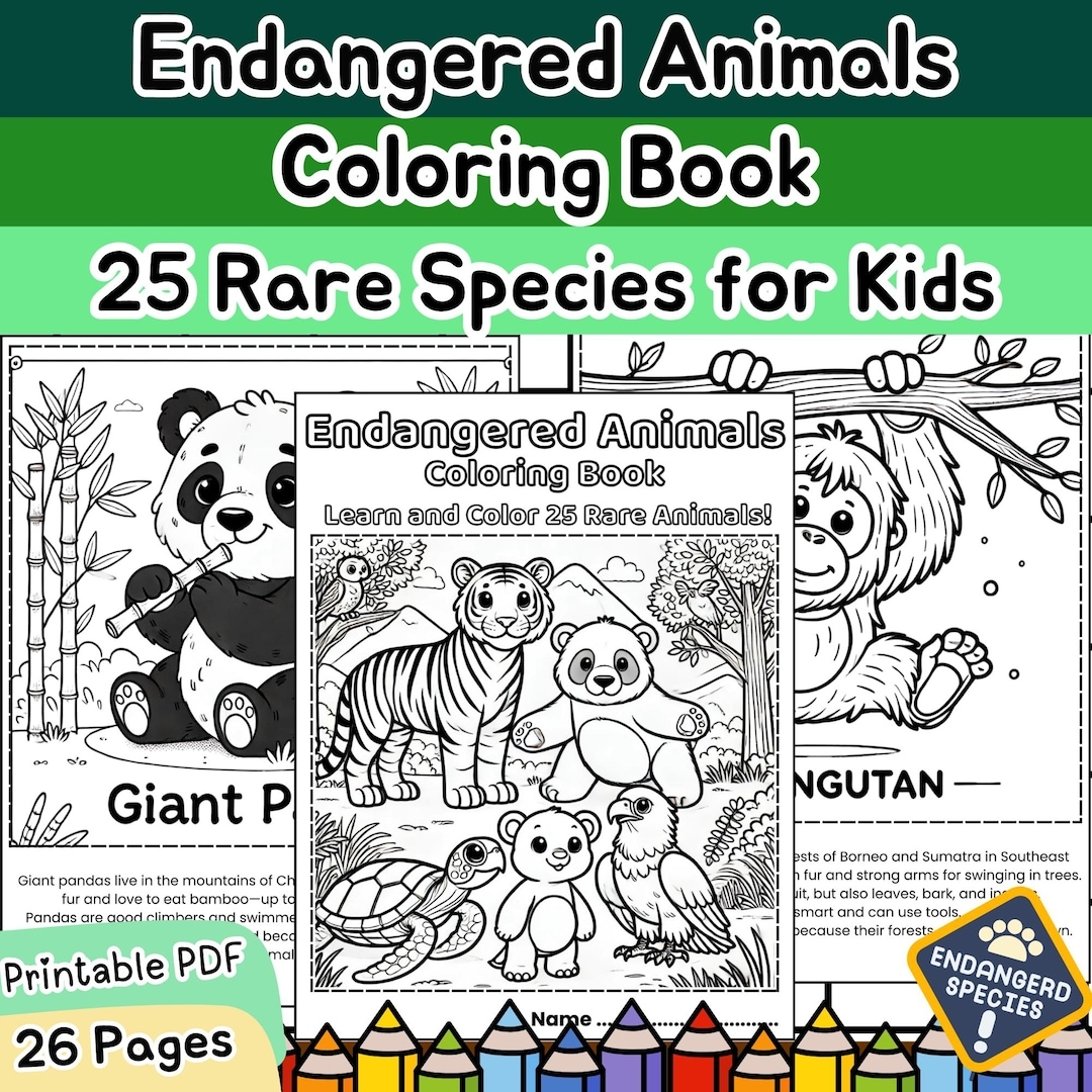 Endangered Animals Coloring Book For Kids 26 Rare Wildlife Educational Activity Pages PDF Printable Etsy