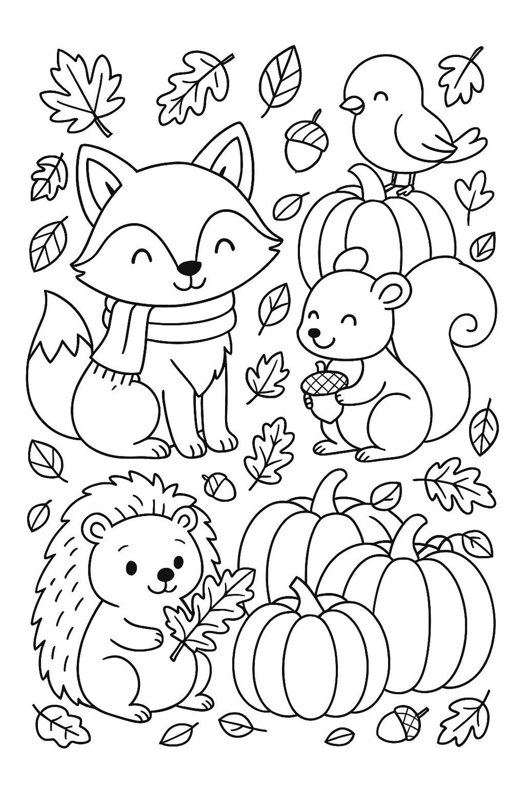 Fall Woodland Animals Coloring Page Fox Squirrel Hedgehog Pumpkins Kids Printable Activity Etsy